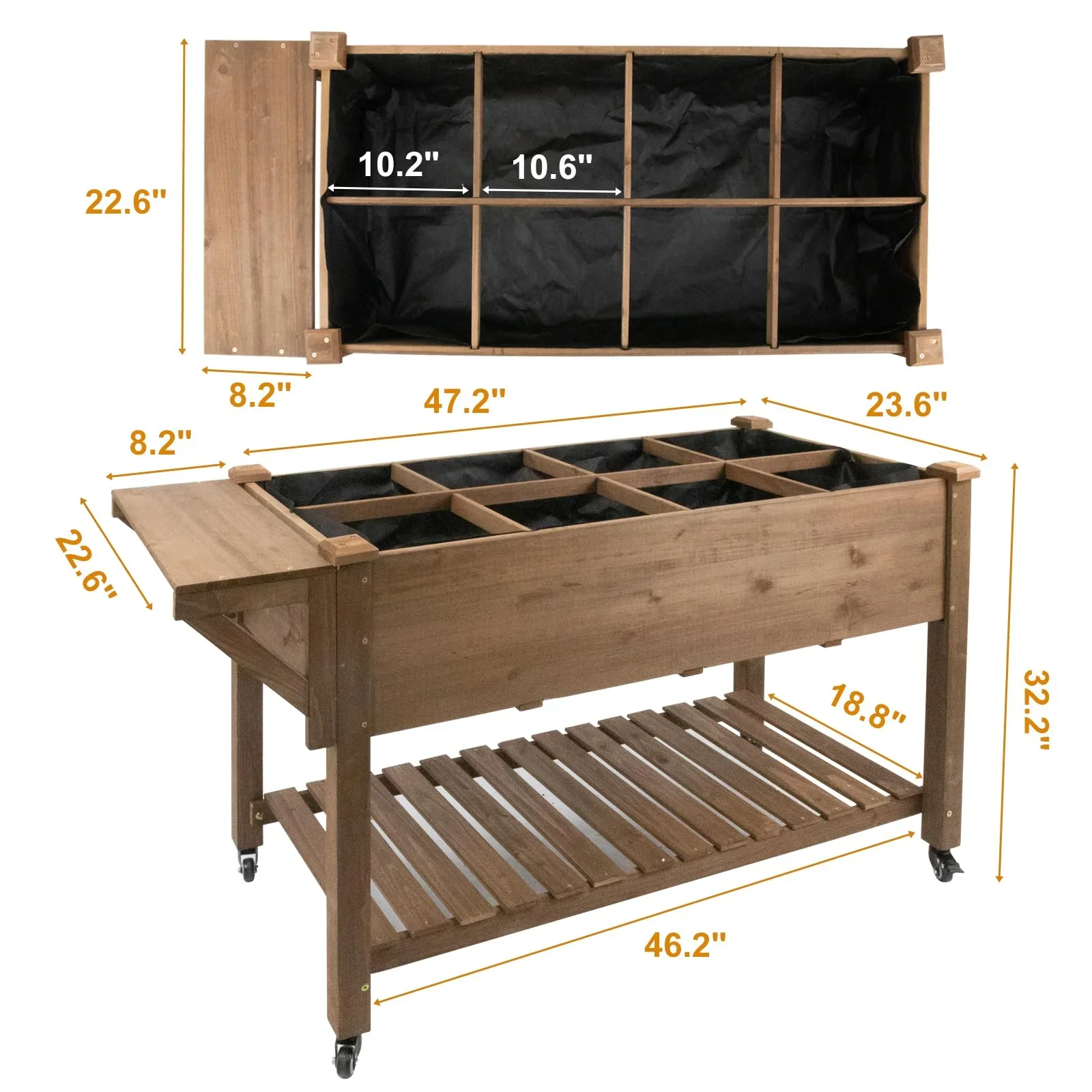 PETSCOSSET Raised Garden Bed 55.5x24x32in Mobile Elevated Wood Planter with Lockable Wheels, Shelf, Liner