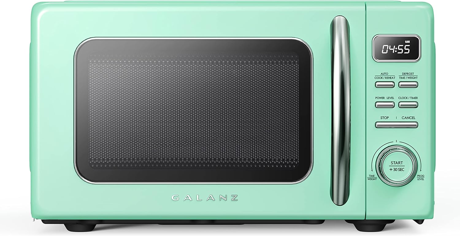Galanz GLCMKZ07RDR07 Retro Countertop Microwave Oven with Auto Cook & Reheat, Defrost, Quick Start Functions, Easy Clean with Glass Turntable, Pull Handle. 7 cu ft, Red