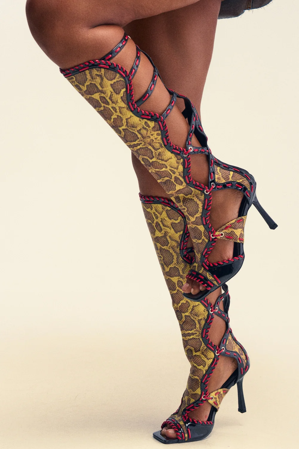 AZALEA WANG INDRANI HIGH SHAFT YELLOW SNAKE PRINT GLADIATOR SANDAL - Akira Store