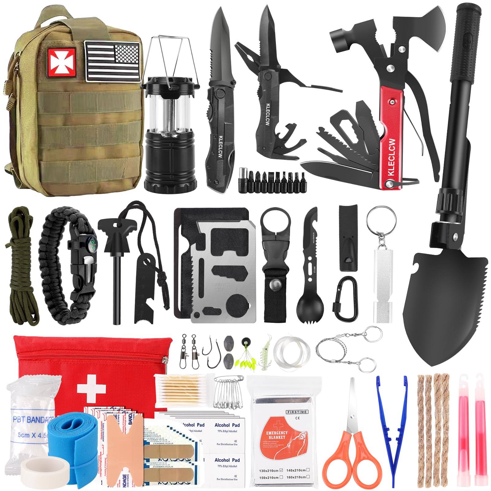 Kleclcw Survival Kit, 160 Pcs Emergency Supplies Camping Accessories with Upgraded Molle Bag, Gifts for Men Outdoor Adventure Camping Hiking Hunting (