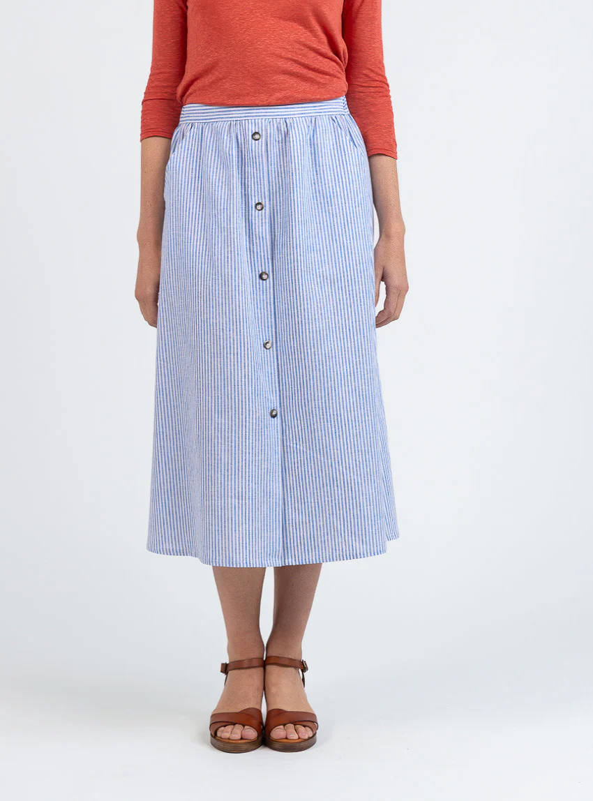 Jupe femme ample en coton et lin rayé bleu