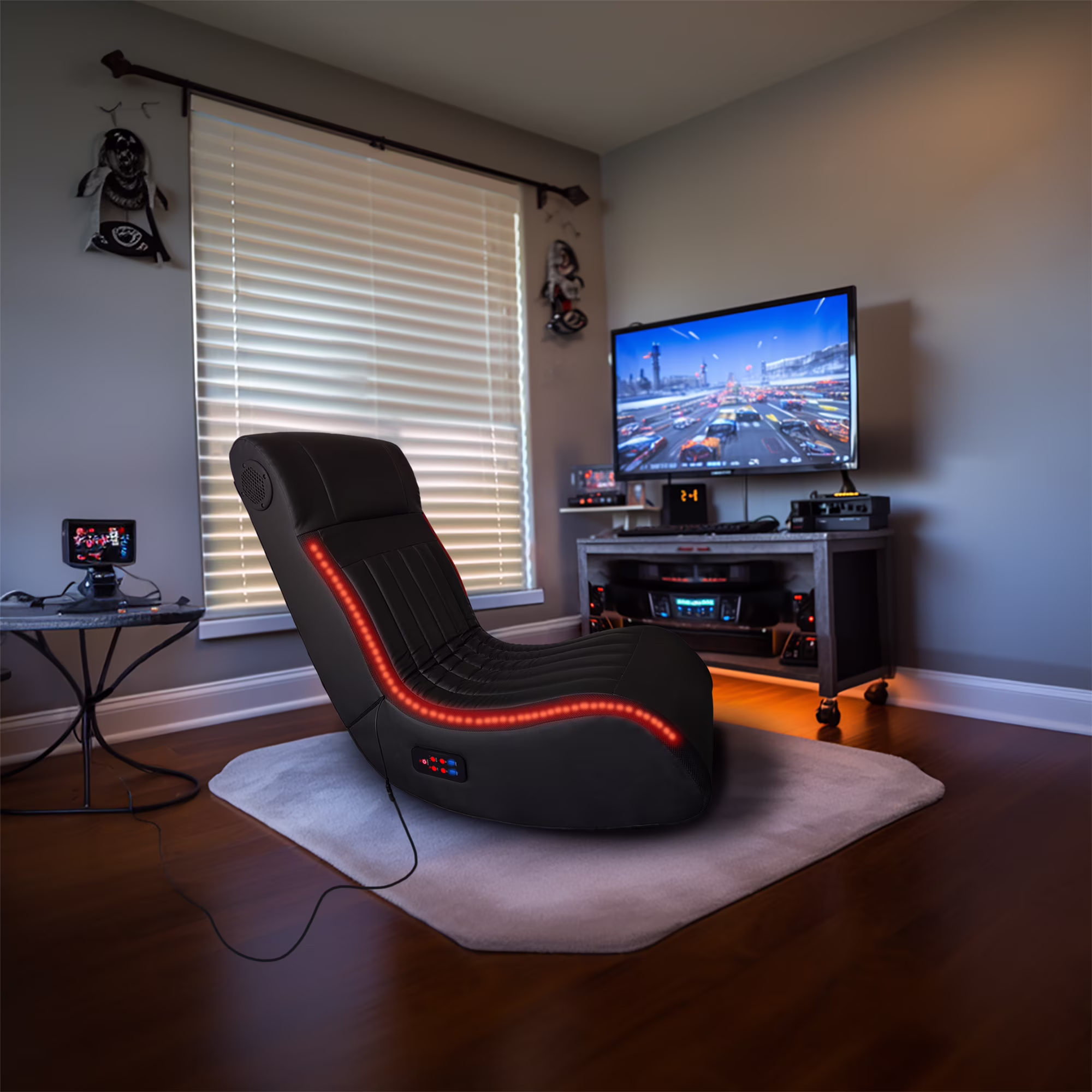 Foldable Gaming Chair with Onboard Speakers, LED Strip Lighting, Bluetooth Music Speakers, Vibration Massage, USB Charging Port