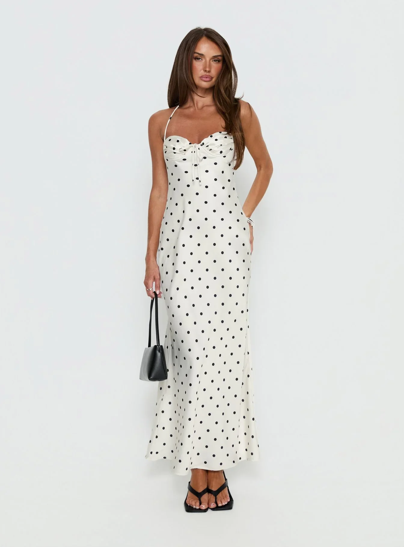 Costella Halter Satin Maxi Dress Cream Polka Dot