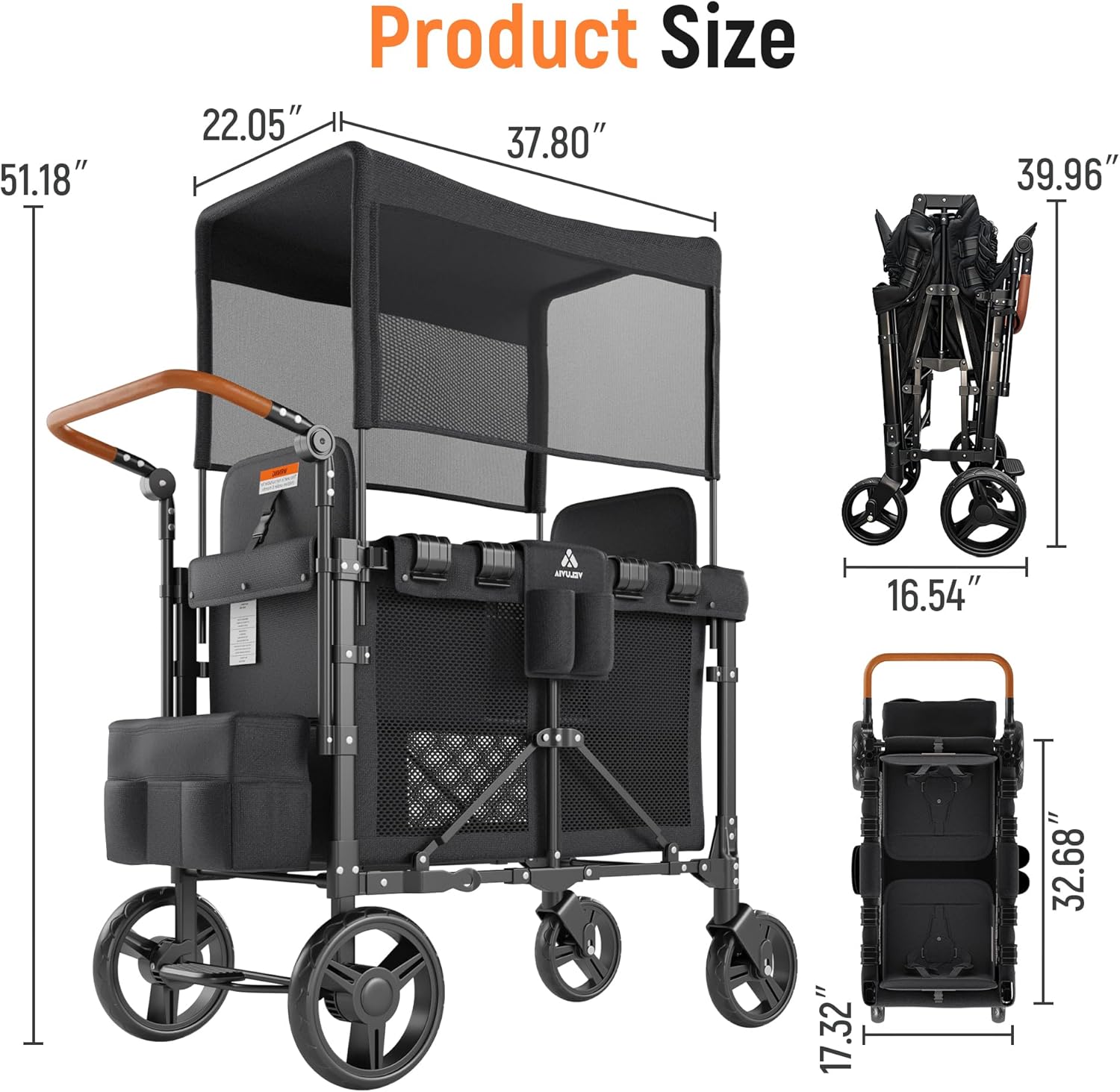 Wagon Stroller for 2 Kids with Canopy & Removable Seat Pads