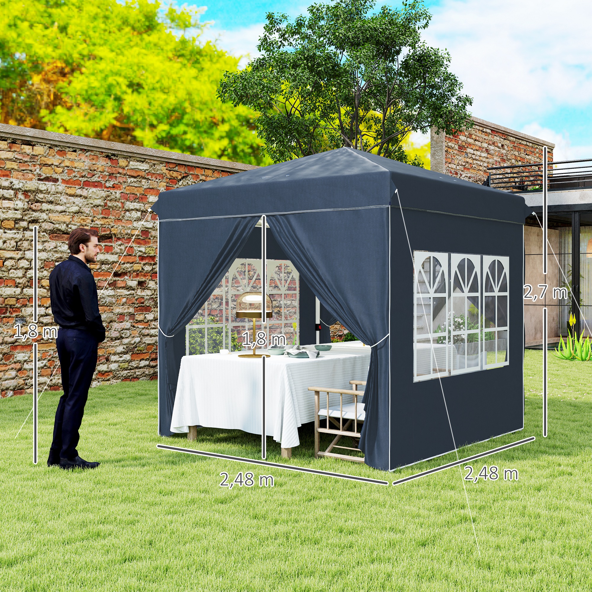 Outsunny 2,5 x 2,5 m Pop-up Paviljoen met Zijwanden en Draagtas, UPF50+ Hoogteverstelbaar Tuinpaviljoen, Donkerblauw