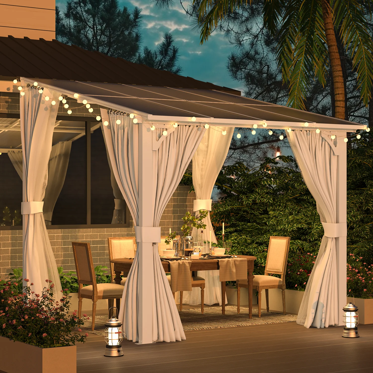 AECOJOY 8'x8' Wall Gazebo with Curtains and Mosquito Netting, White