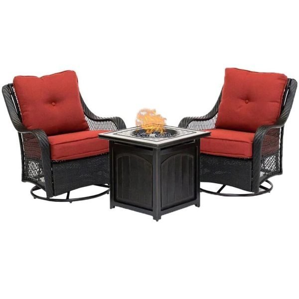 💥Liquidation🔥Ensemble de conversation 5 pièces en acier avec foyer extérieur, coussins bleu marine, fauteuils pivotants et table de foyer carrée