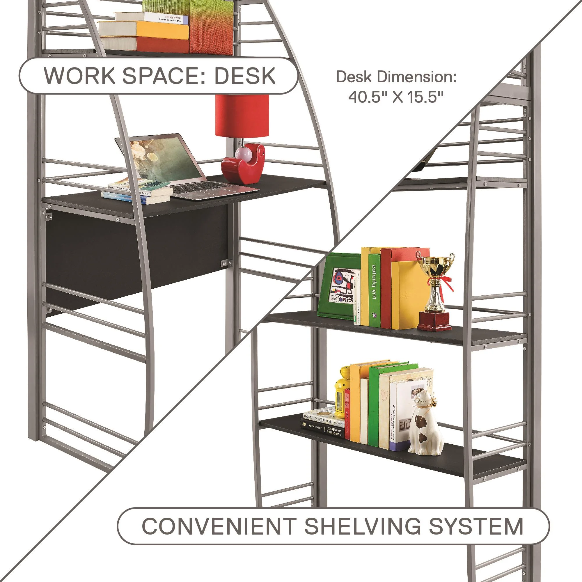 DHP Sage Studio Twin Metal Loft Bed with Integrated Desk and Shelves, Off White