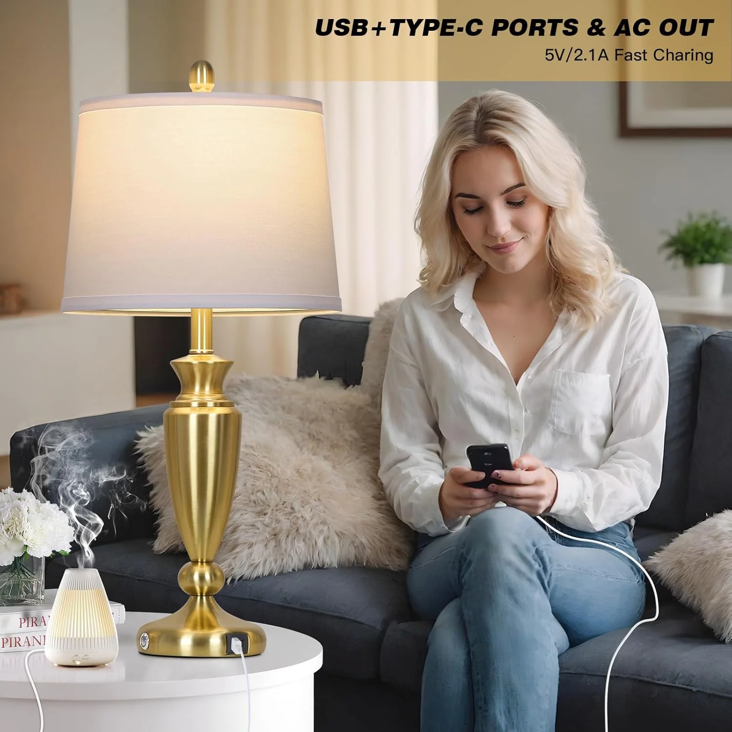 27'' Gold Table Lamps for Living Room, 3 Way Touch Control Bedside Lamps Set of 2 with USB A+C Ports, Modern Metal Nightstand Lamps for Bedroom Living Room Office End Table(Gold) Image 6