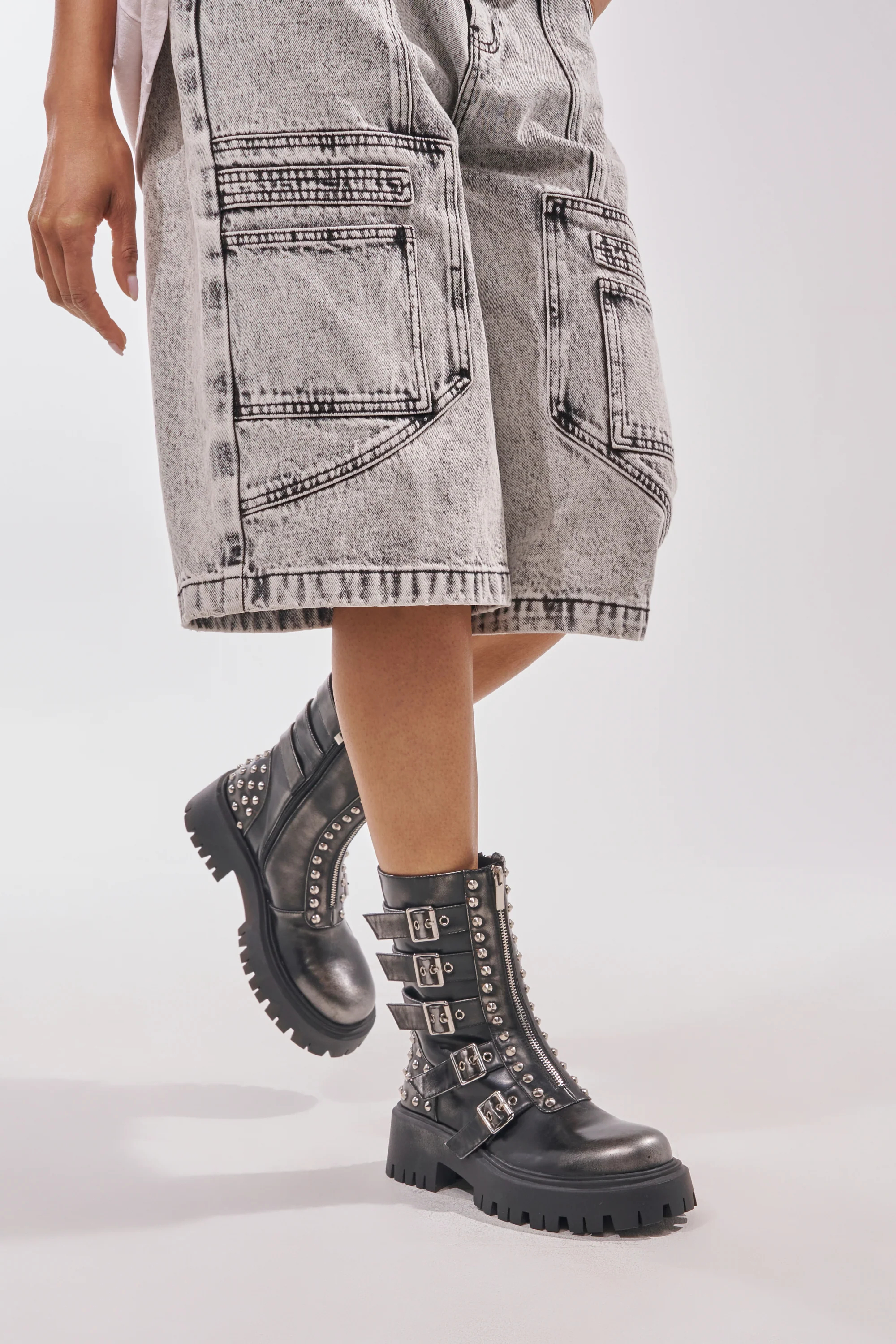 AKIRA GOLD ESTERA CHARCOAL EMBELLISHED COMBAT BOOTIE - Akira Store