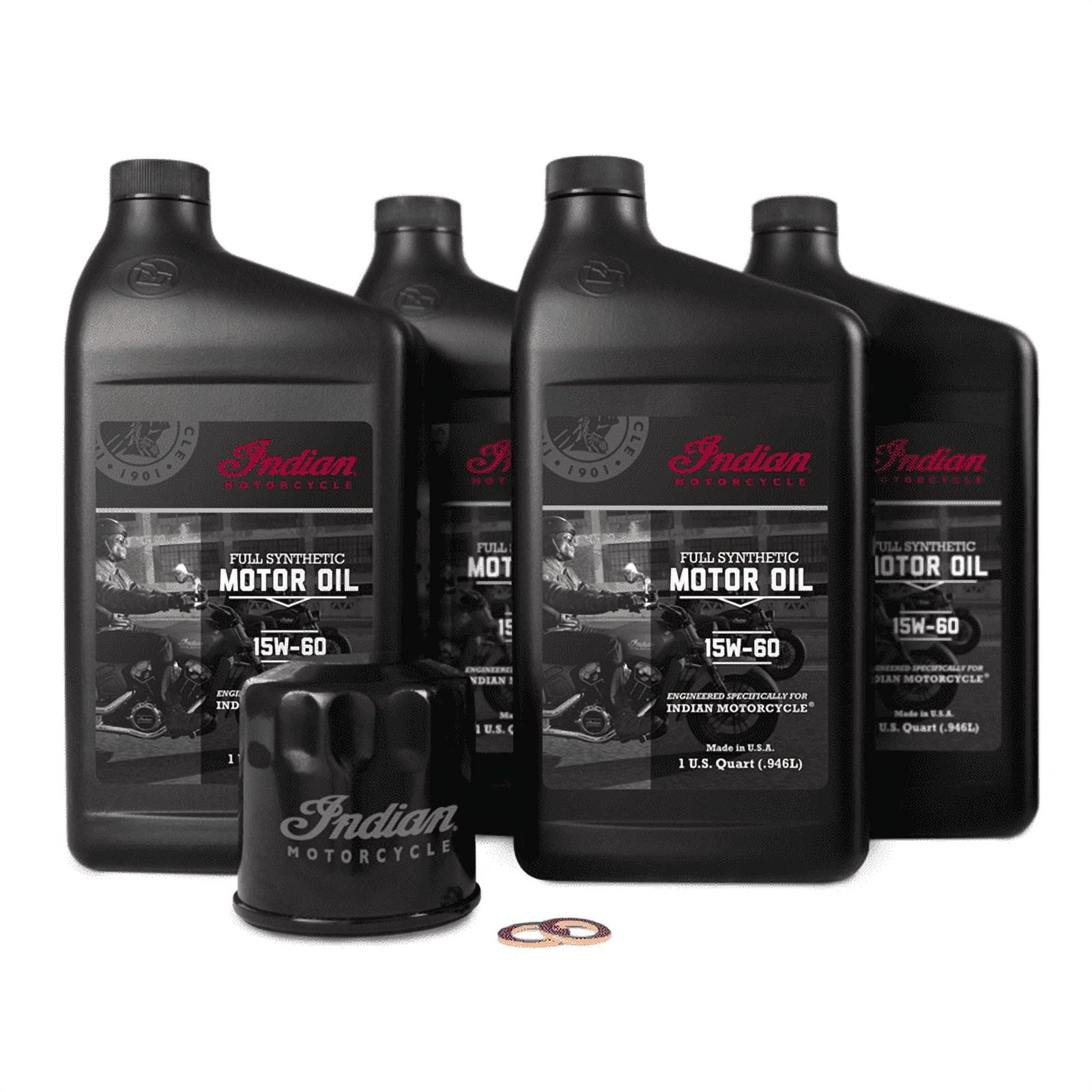 Indian Motorcycle Scout Oil Change Kit with Full Synthetic 15W - 60 Motor Oil, 4 Quarts, 2 Washers