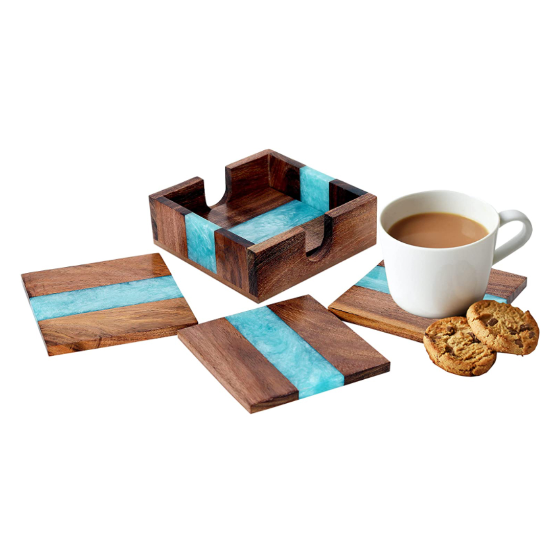 Olive Wood Square Coasters with Epoxy Resin River Design Eco-Friendly Europe Style Wood Resin Set