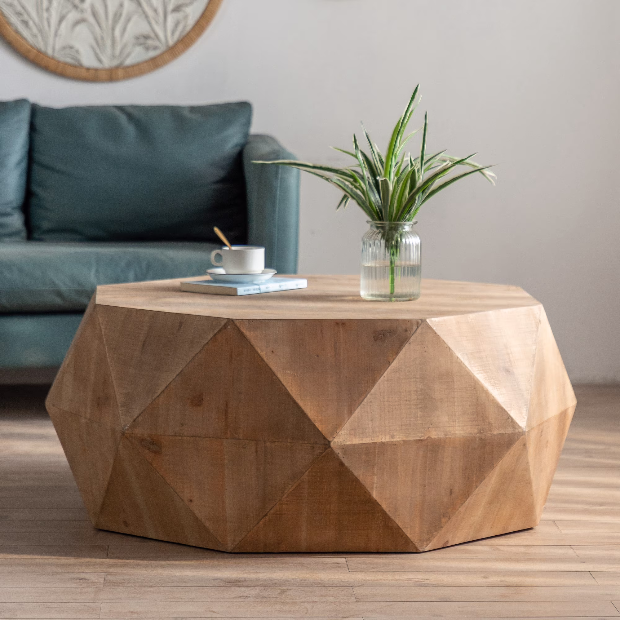 38"Three-dimensional Embossed Pattern Coffee Table, Octagon Coffee table, American Retro Style Coffee Table for Office, Dining Room and Living Room, Nature(Natural)