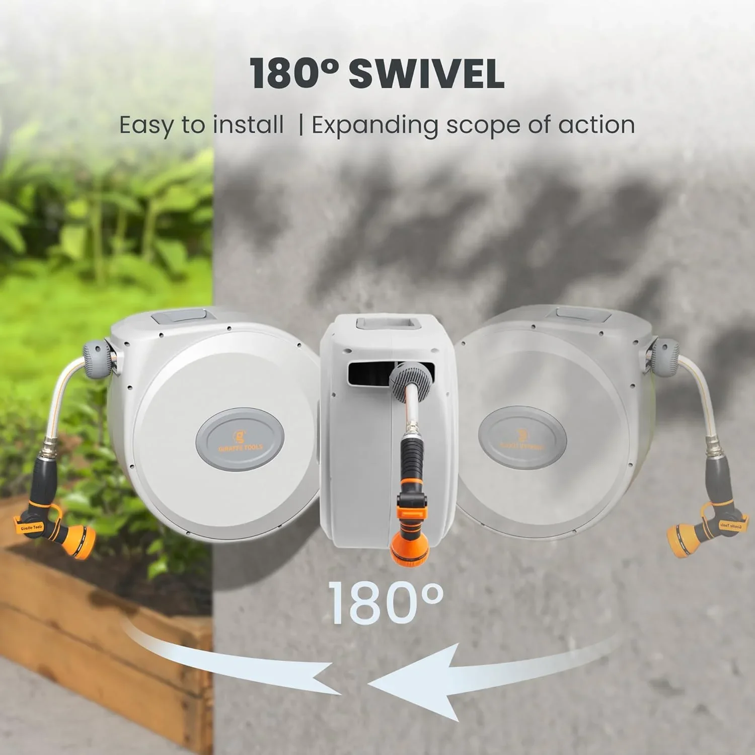 Giraffe Tools Retractable Garden Hose Reel with 1/2in-100ft Water Hose, Plastic Bracket, Wall Mounted, Dark Grey