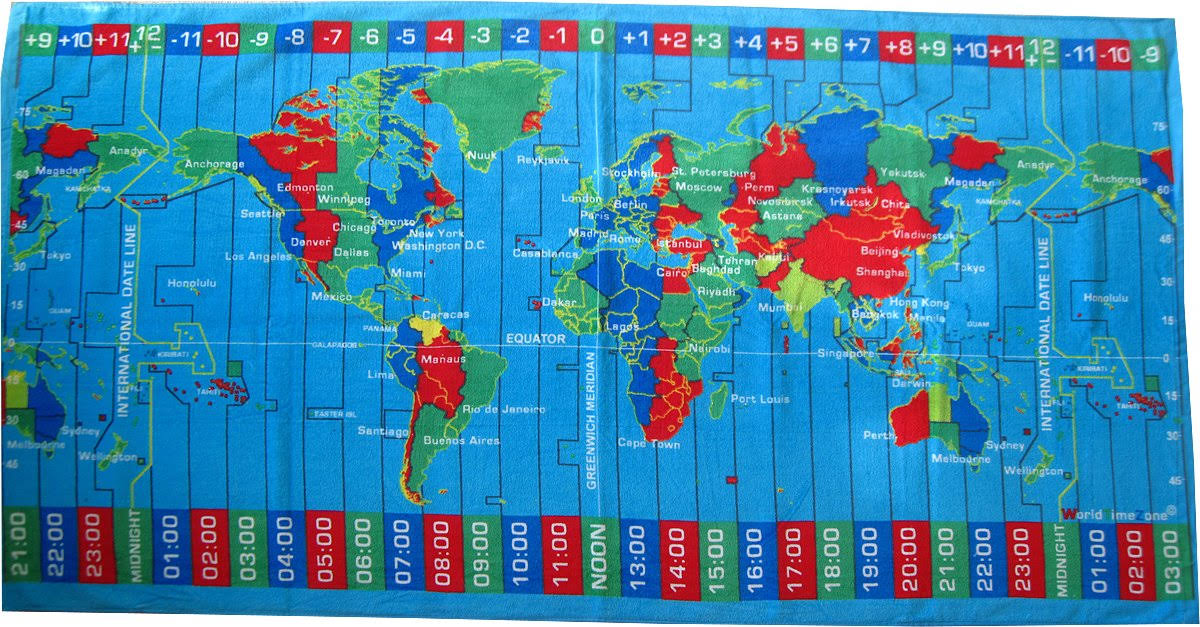 World Time Zones Caribbean Blue Color Velour Beach Towel 30x60 Inches