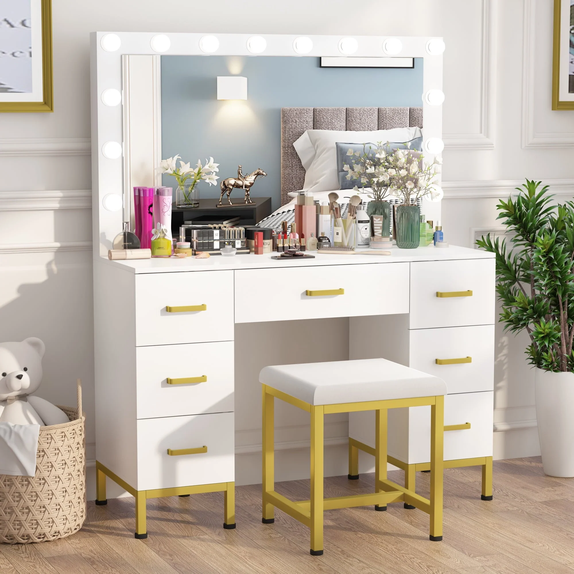 PAKASEPT Vanity Set with Lighted Mirror, Makeup Vanity Dressing Table with 14PCS LED Bulbs, Cushioned Stool 7 Drawers, Large 44" White Vanity for Bedroom, Powder Room Image 3