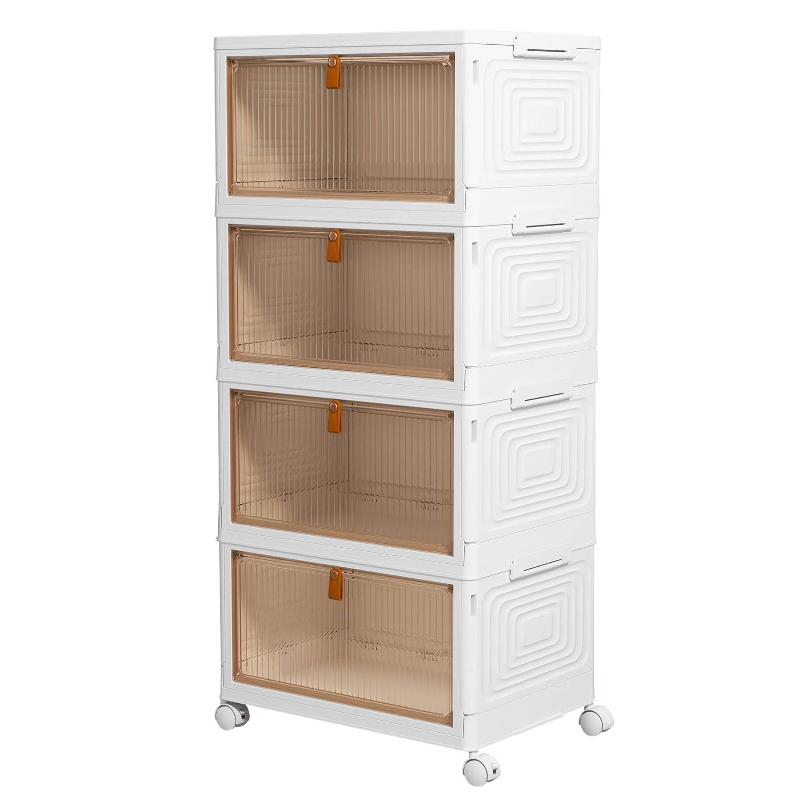 4 Tier Plastic Storage Bins with Lids 23qt, Stackable Storage Containers with Wheels, Folding Storage Boxes, Collapsible Storage Bins, Closet