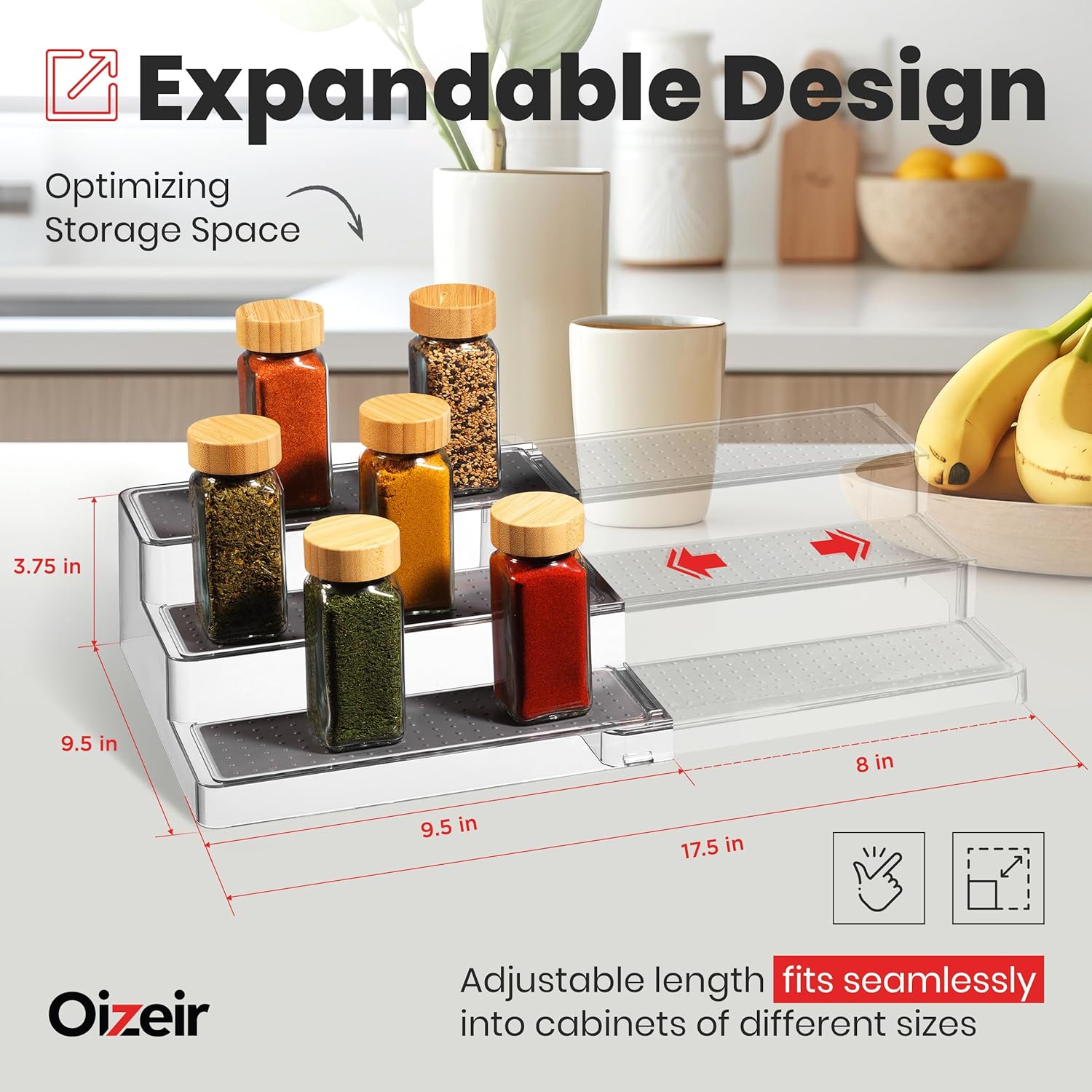 Oizeir 3-Tier Expandable Spice Rack Organizer for Cabinet, Clear