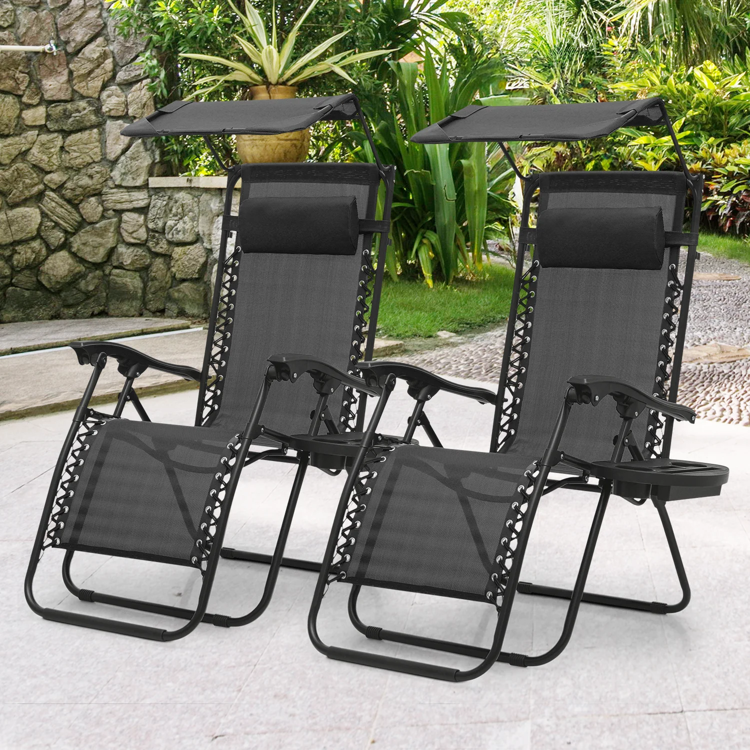 Zero Gravity Chairs Set of 2, Folding Outdoor Patio Beach Recliner with Canopy Shade Headrest, Black(Black) - Image 8