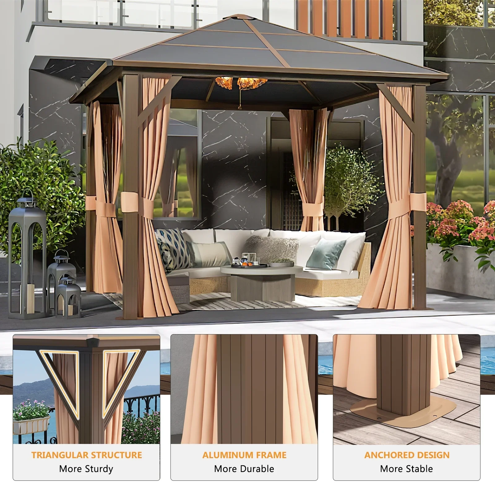 Sunmthink 10x10 ft. Hardtop Gazebo, Aluminum Frame and Polycarbonate Permanent Pavilion for Garden, Patio, Backyards, Brown