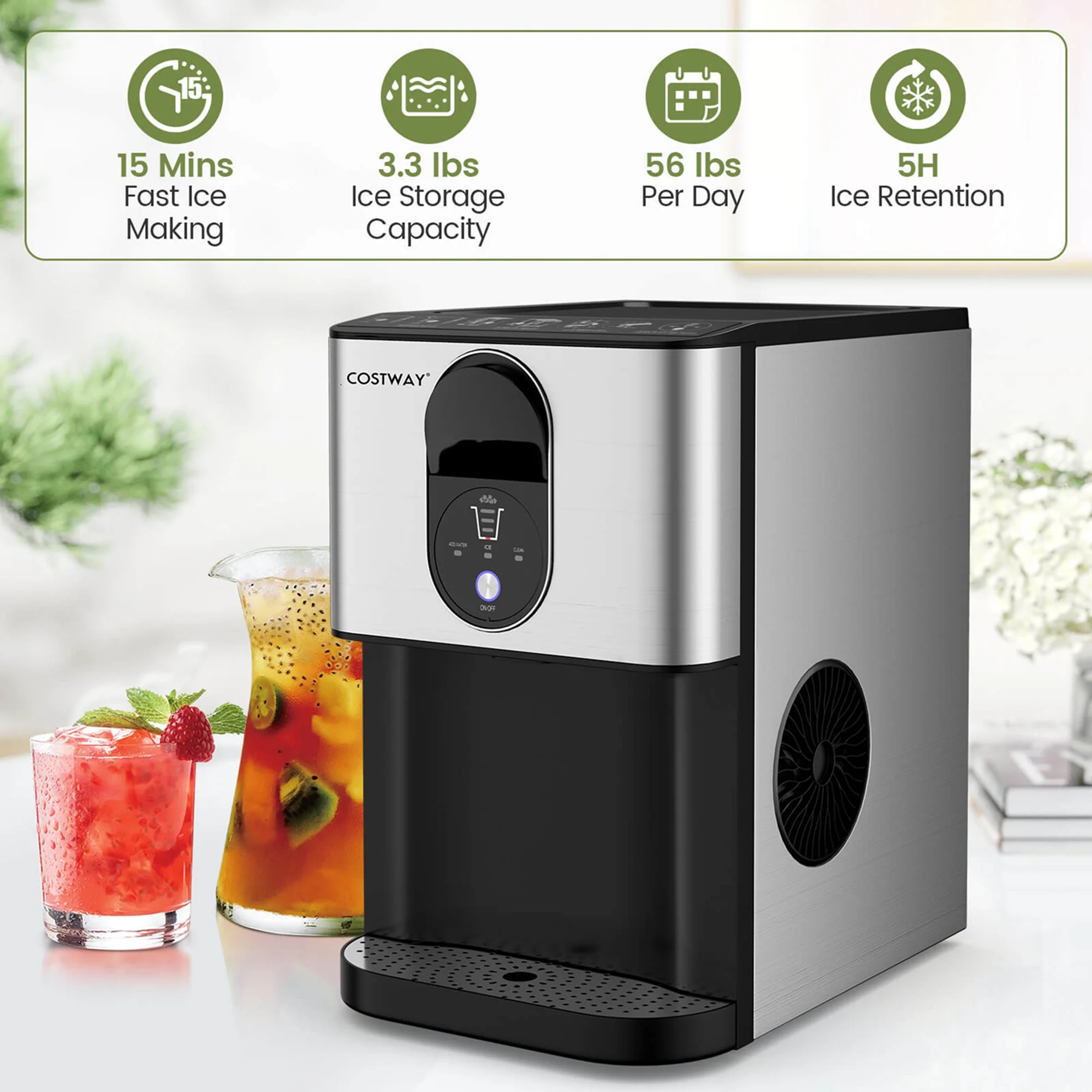 Costway 56 lb/24 H Pepple Chewable Countertop Ice Maker with Self - Cleaning System