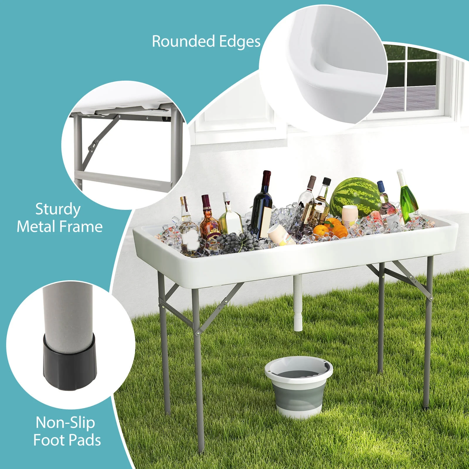 4 Foot Ice Cooler Folding Table Outdoor Portable Ice Bin Table with Large Sink - Image 10
