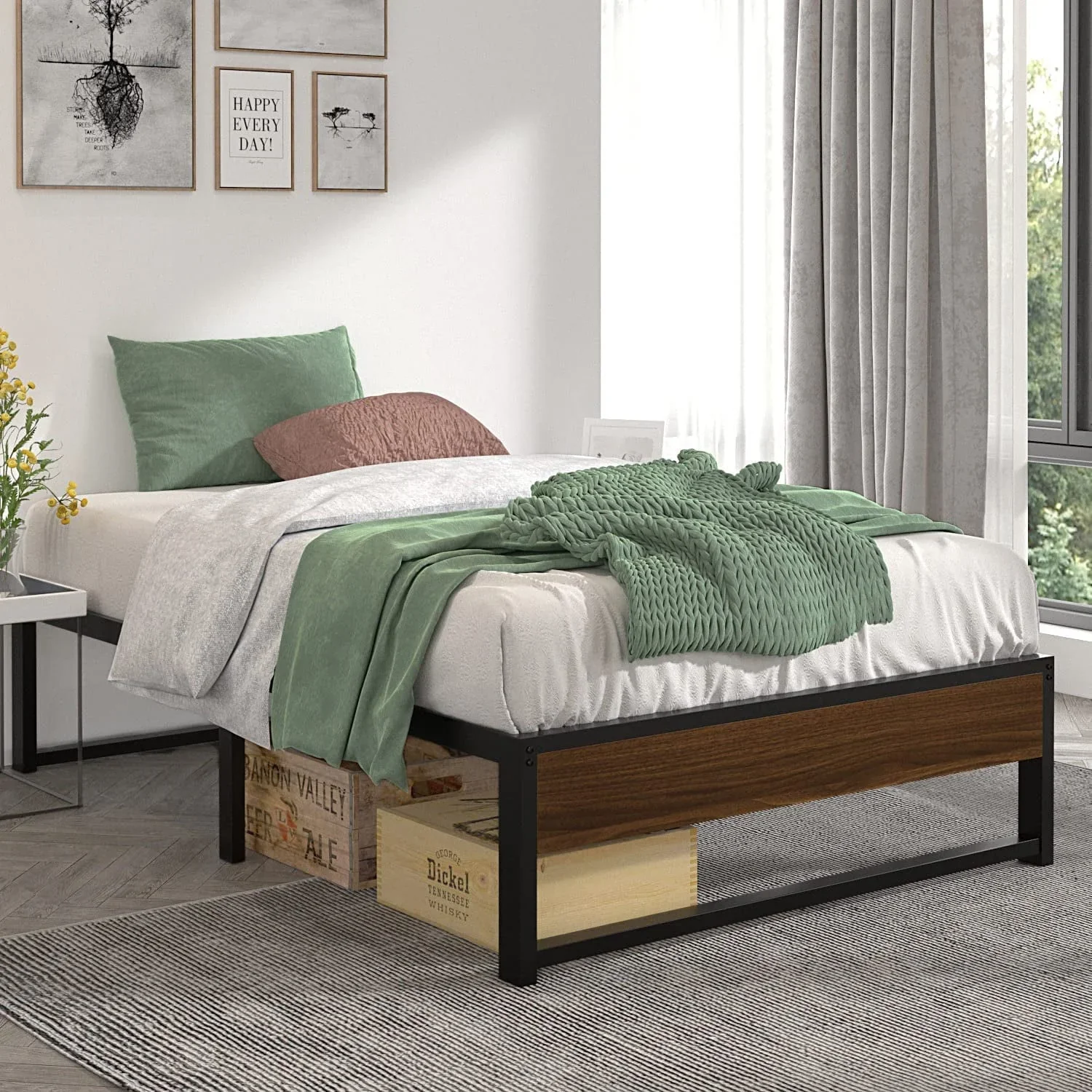 Allewie Black Twin Size 14 Inch Metal Platform Bed Frame, Non-Headboard, Mattress Foundation with Metal Slat Support
