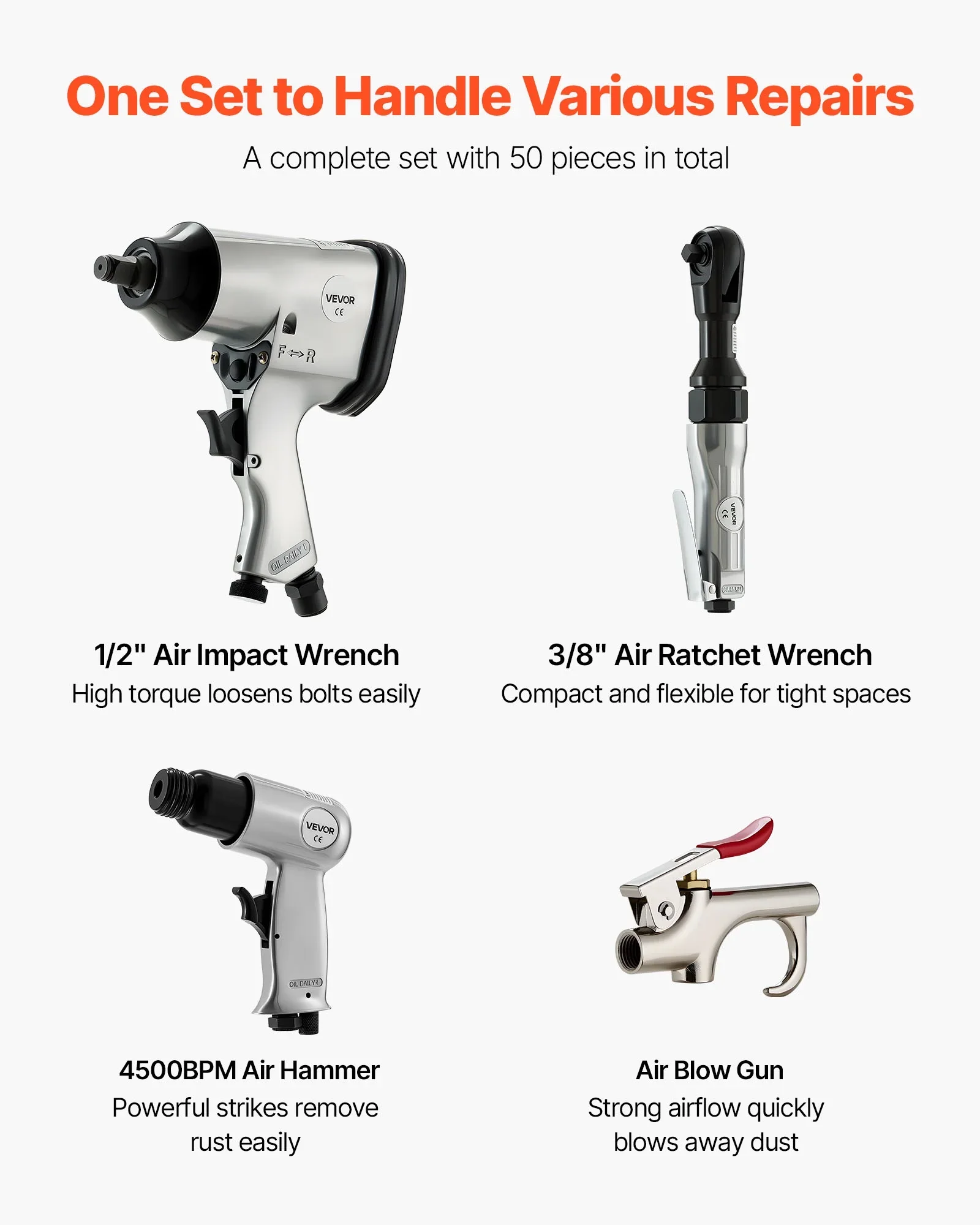 VEVOR 50 Pieces Pro Air Tool and Accessories Kit - 1/2 Air Impact Wrench, 3/8 Ratchet Wrench, 4500BPM Hammer, Blow Gun & Full Accessories for Auto Repairs, Home DIY Projects - with Storage Case