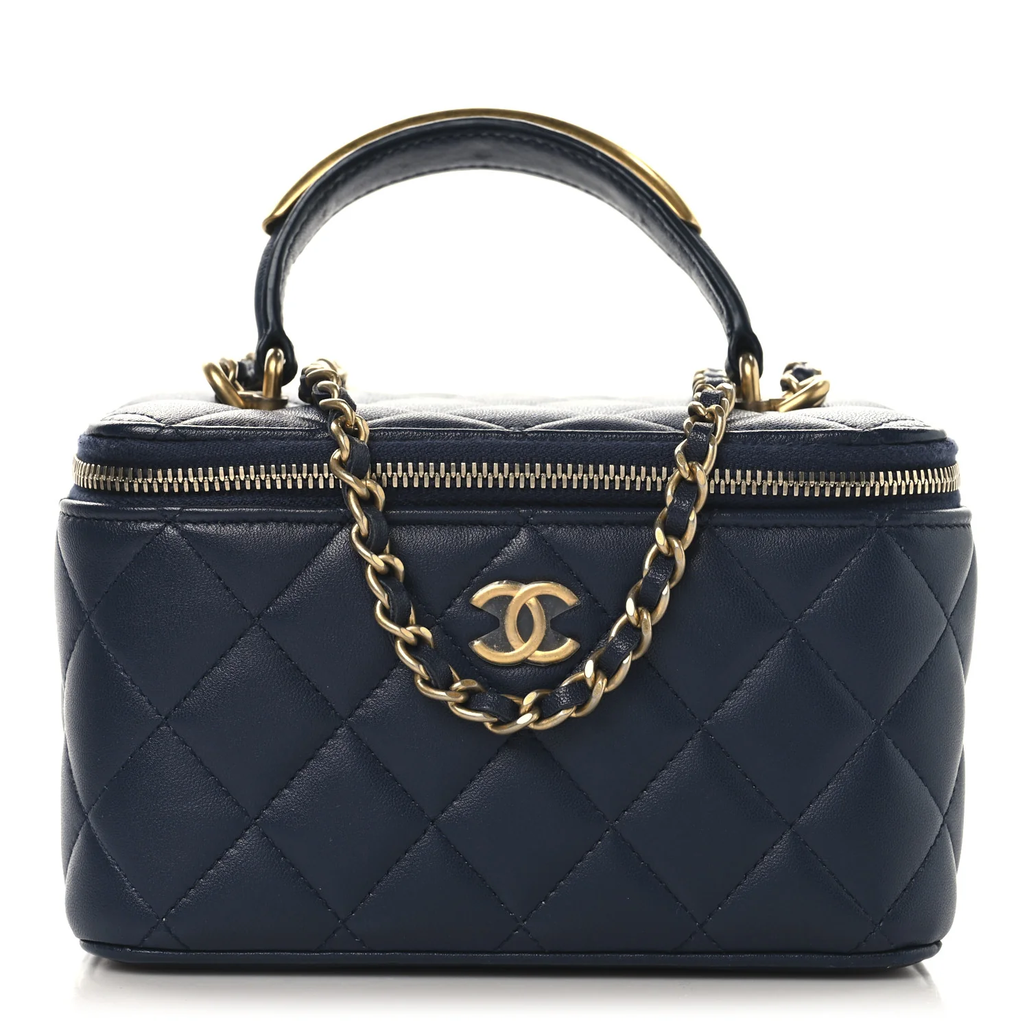 Lambskin Quilted Metal Small Top Handle Vanity Case With Chain Blue
