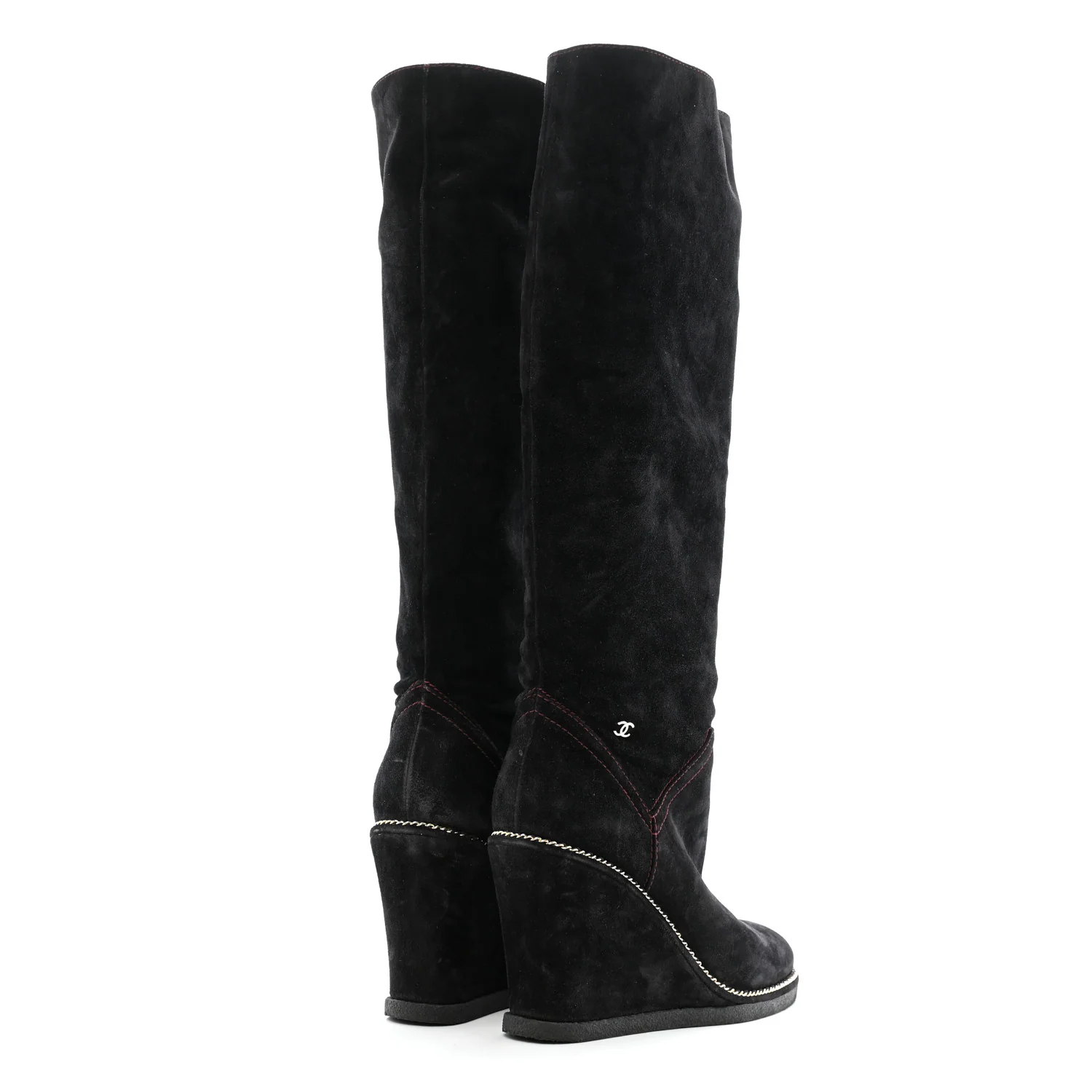 Suede Calfskin Chain Around High Boots 41 Black