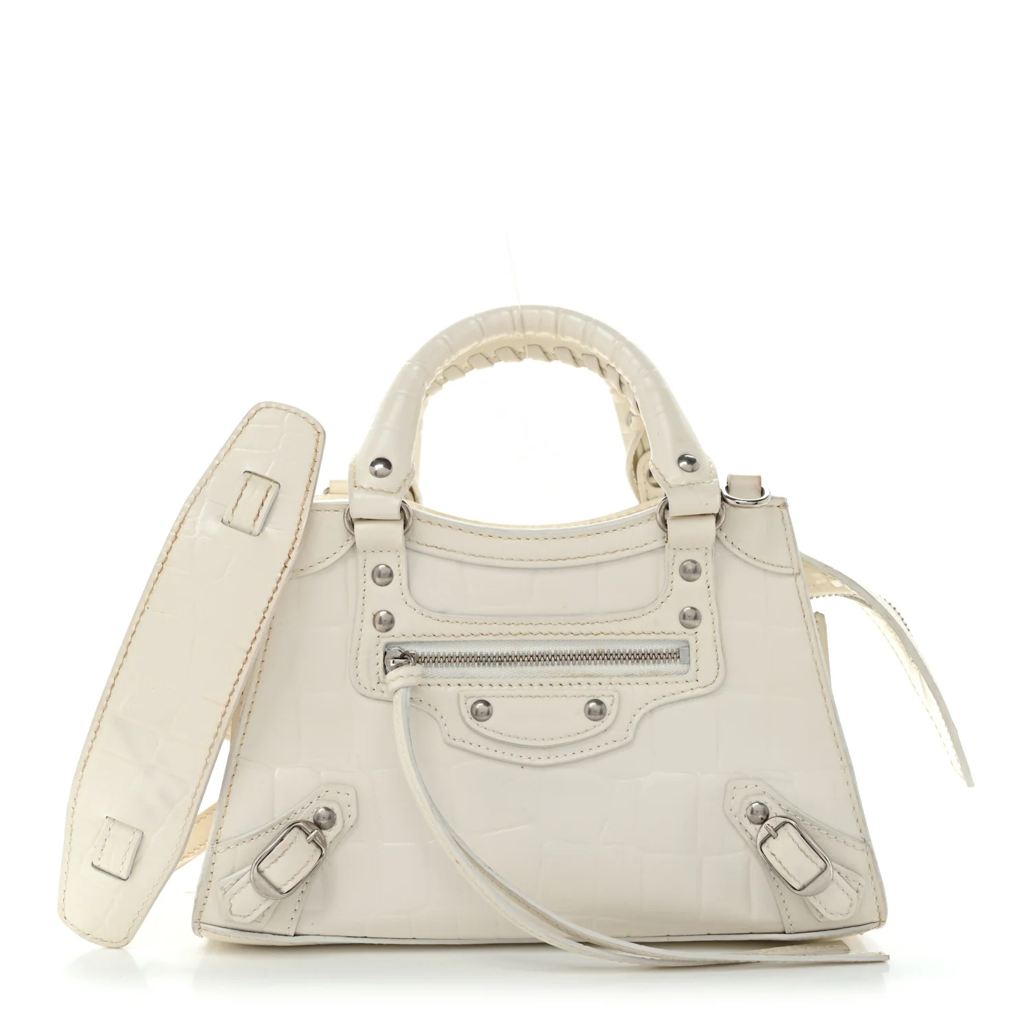 Semi Shiny Calfskin Crocodile Embossed Neo Classic Silver Hardware Nano City Crossbody White