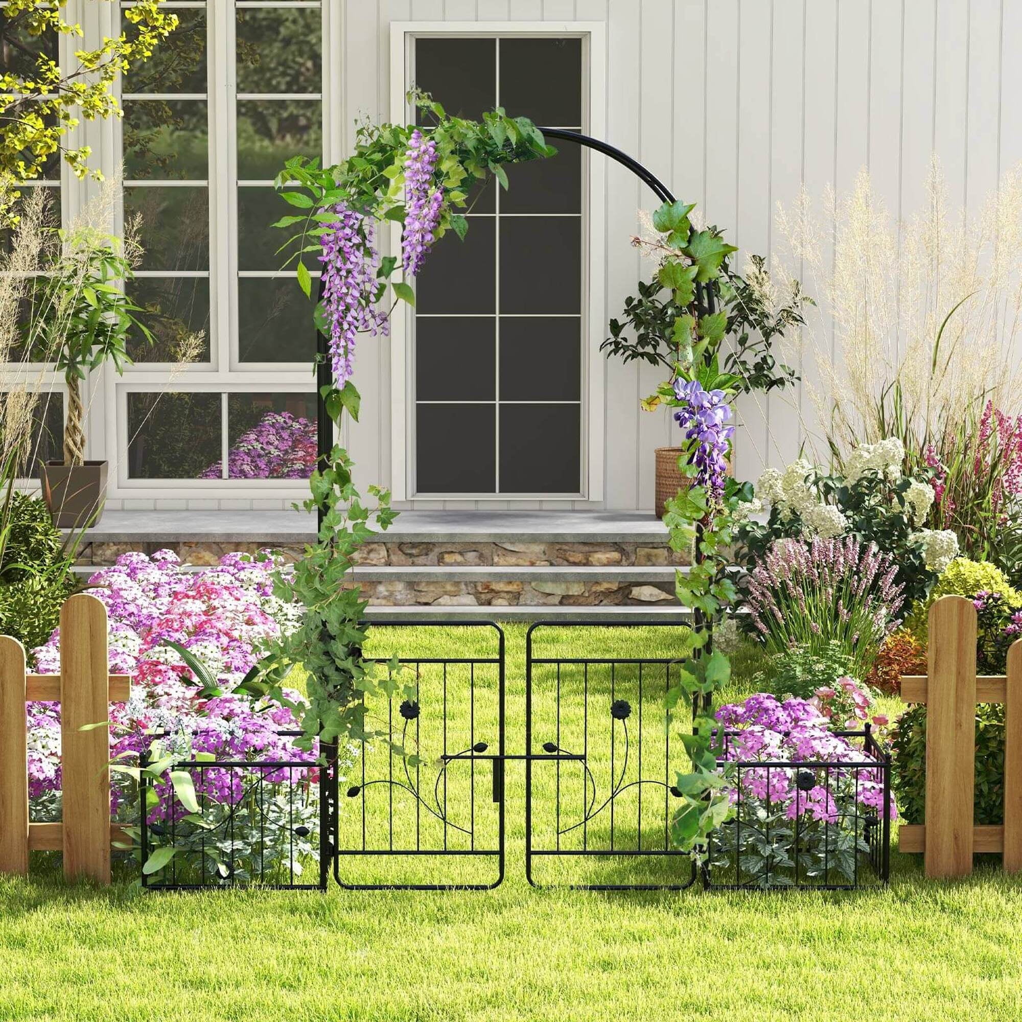 Costway 87 Garden Arbor Arched Lockable Gate Top Arbor Trellis with Side Planters