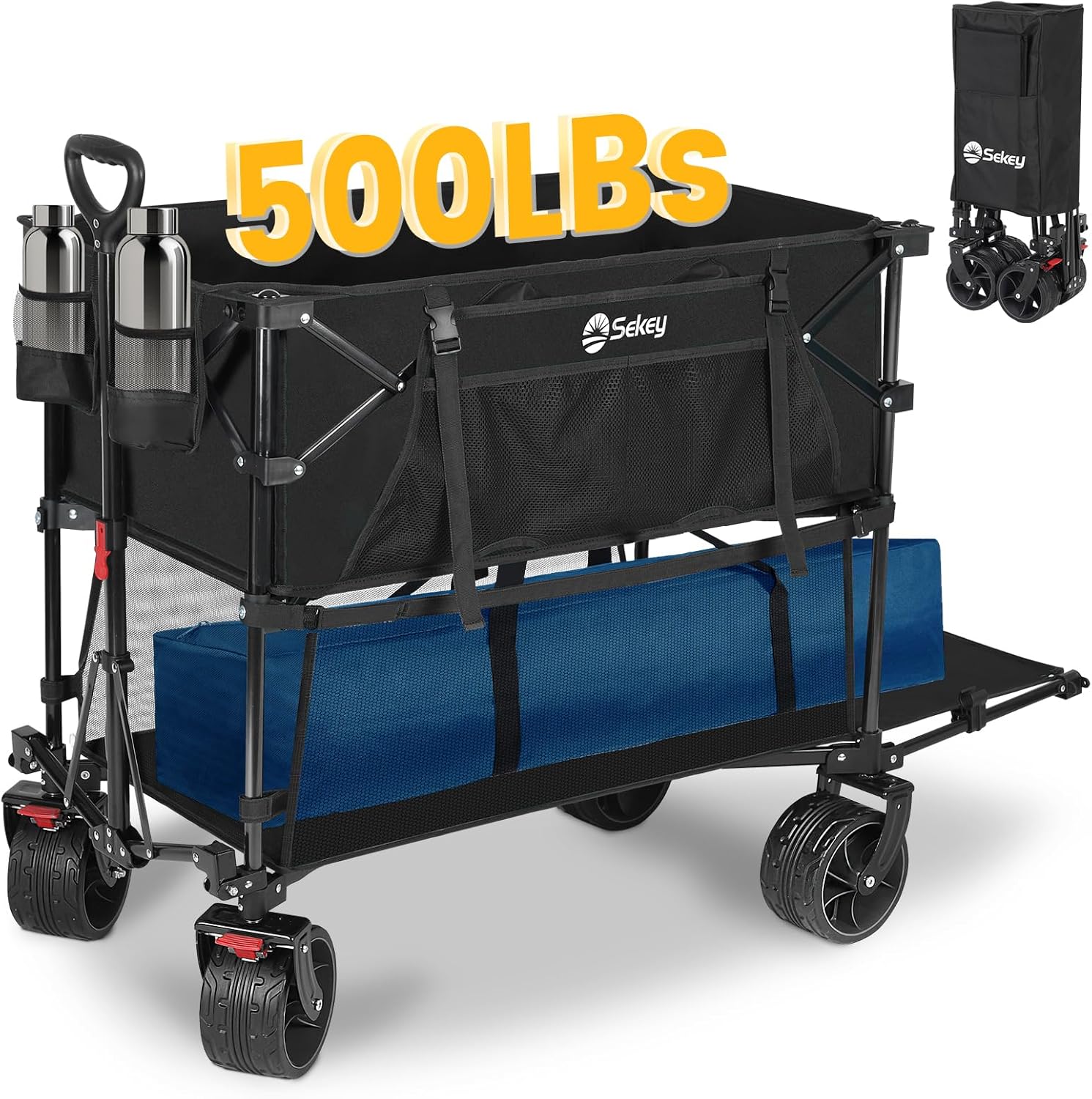Chariot pliant à deux étages grande capacité 400 L avec freins et rallonge extra longue de 50 pouces