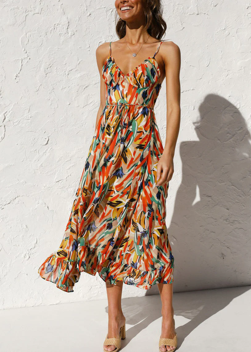 Sophie Paris | Robe sans manches à bretelles spaghetti en coton orange à volants