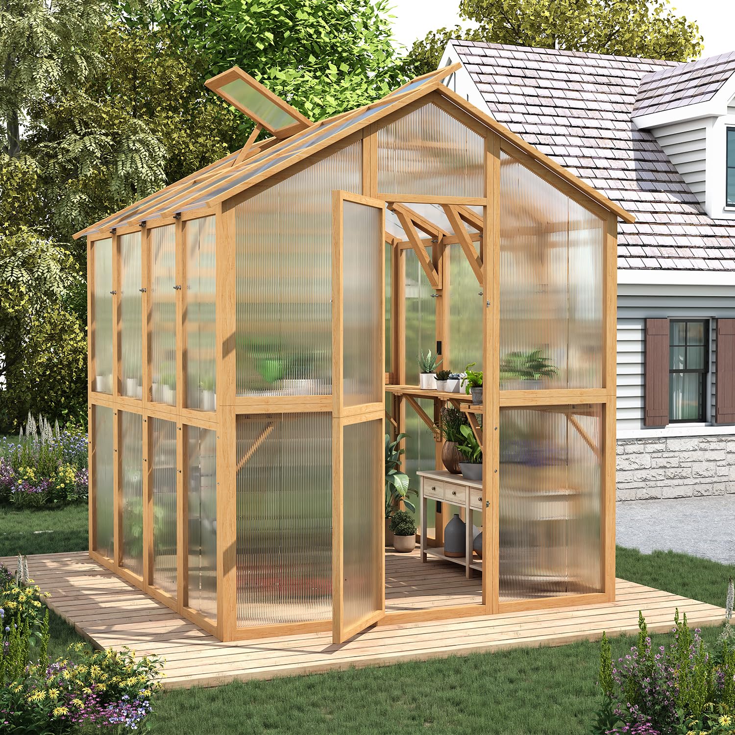 AECOJOY 6x7 FT Wooden Greenhouse for Outdoors, Walk-in Garden Greenhouse with Plant Stand, Lockable Door