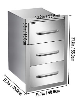 Outdoor Kitchen Drawers 16 W x 21.5 H x 18 D. Flush Mount Triple Access BBQ Drawers with Stainless Steel Handle. BBQ Island Drawers for Outdoor Kitchens or BBQ Island Patio Grill Station