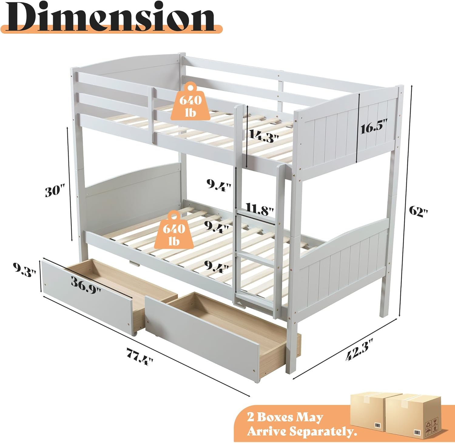 AMERLIFE Twin Over Twin Bunk Bed with Storage Drawers, Solid Rubberwood 2-in-1 Convertible Loft Beds with Ladders, Modern Detachable Bed Frame for Kids and Teens Bedroom, Grey