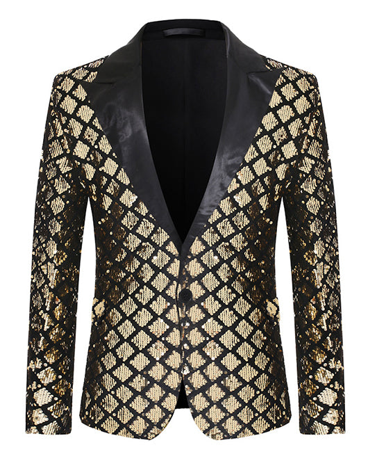 Blazer glamour noir à losanges, col à revers pailleté et un bouton