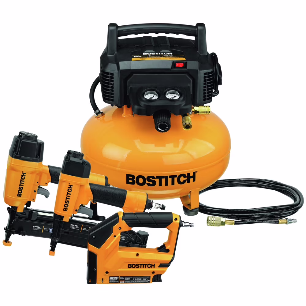Bostitch BTFP3KIT 3 - Piece Nailer/ 0.8 HP 6 Gallon Oil - Free Pancake Air Compressor Combo Kit