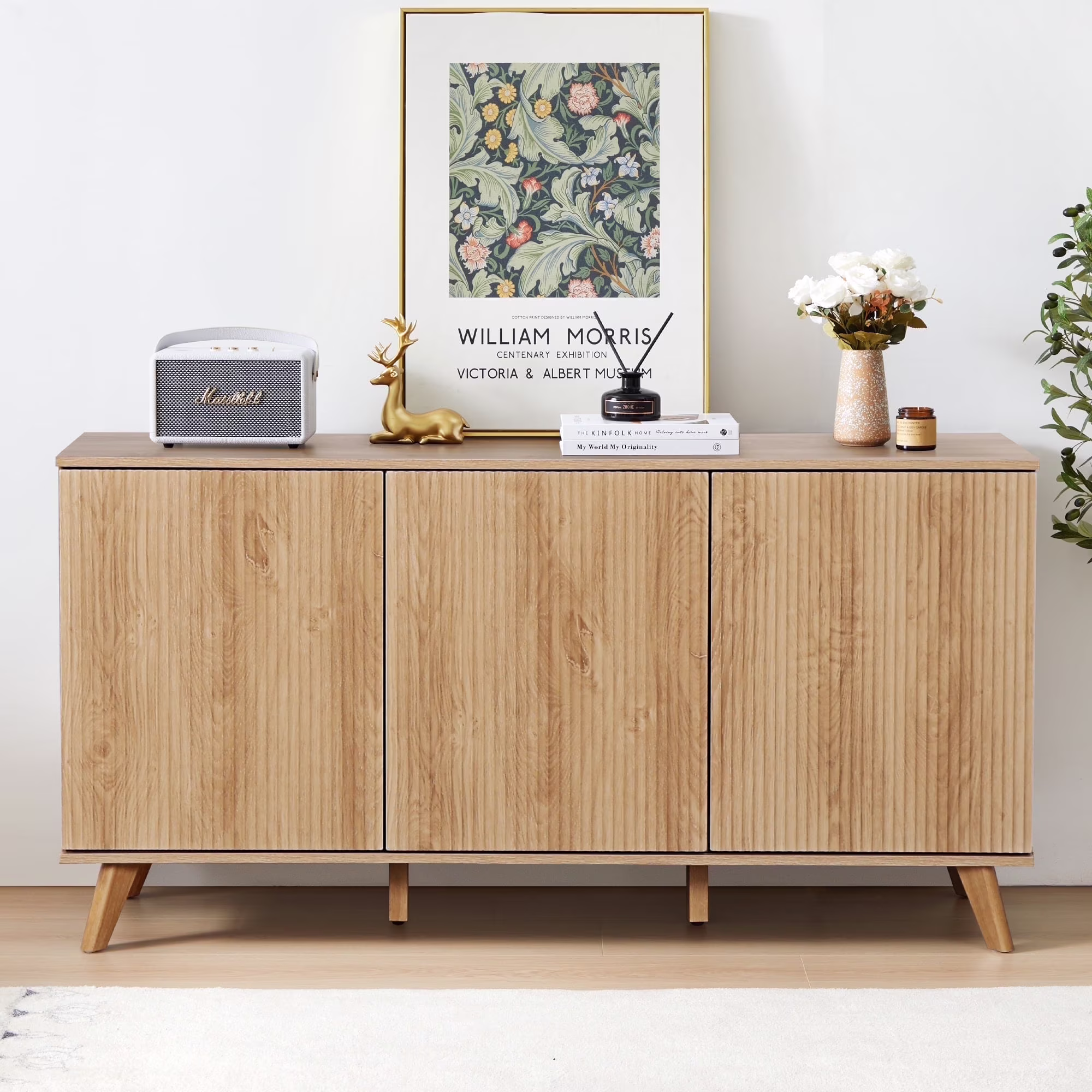Sideboard Storage Cabinet with Doors and Shelves, Buffet Cabinet with Storage, Credenza Storage Cabinet for Kitchen, Wooden Fluted Cabinet, Under TV Cabinet with Storage Black(Black) - Image 9
