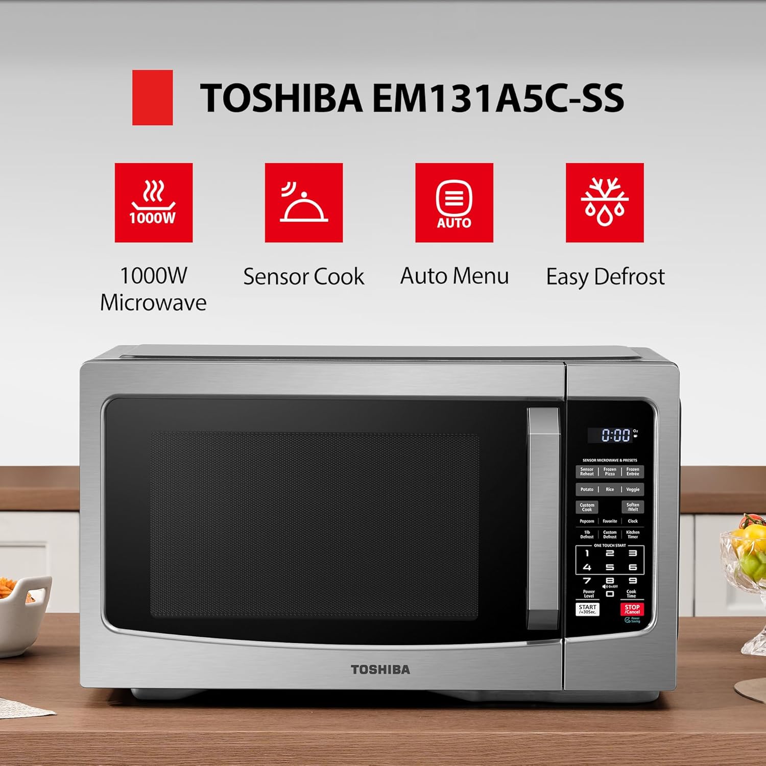 TOSHIBA Countertop Microwave Oven, 1.2 Cu.Ft, 1000W, Stainless Steel