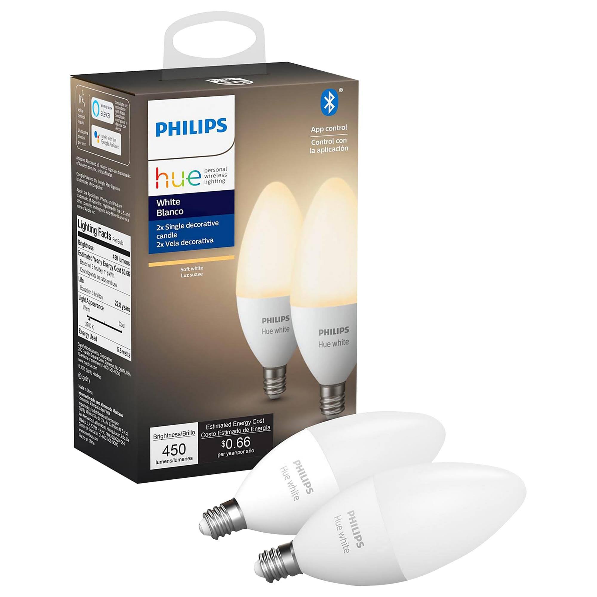Philips - Hue E12 Bluetooth 40W Smart LED Bulb (2-Pack) - White