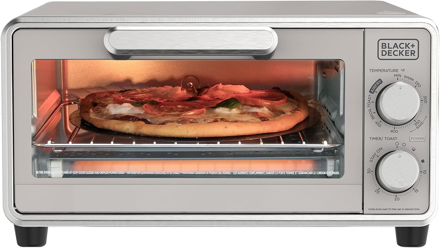 BLACK+DECKER TO1313SBD Toaster Oven, 15.47 Inch, Silver| Compact convection oven fits a 9-inch pizza with timer, stay-on function and removable crumb tray