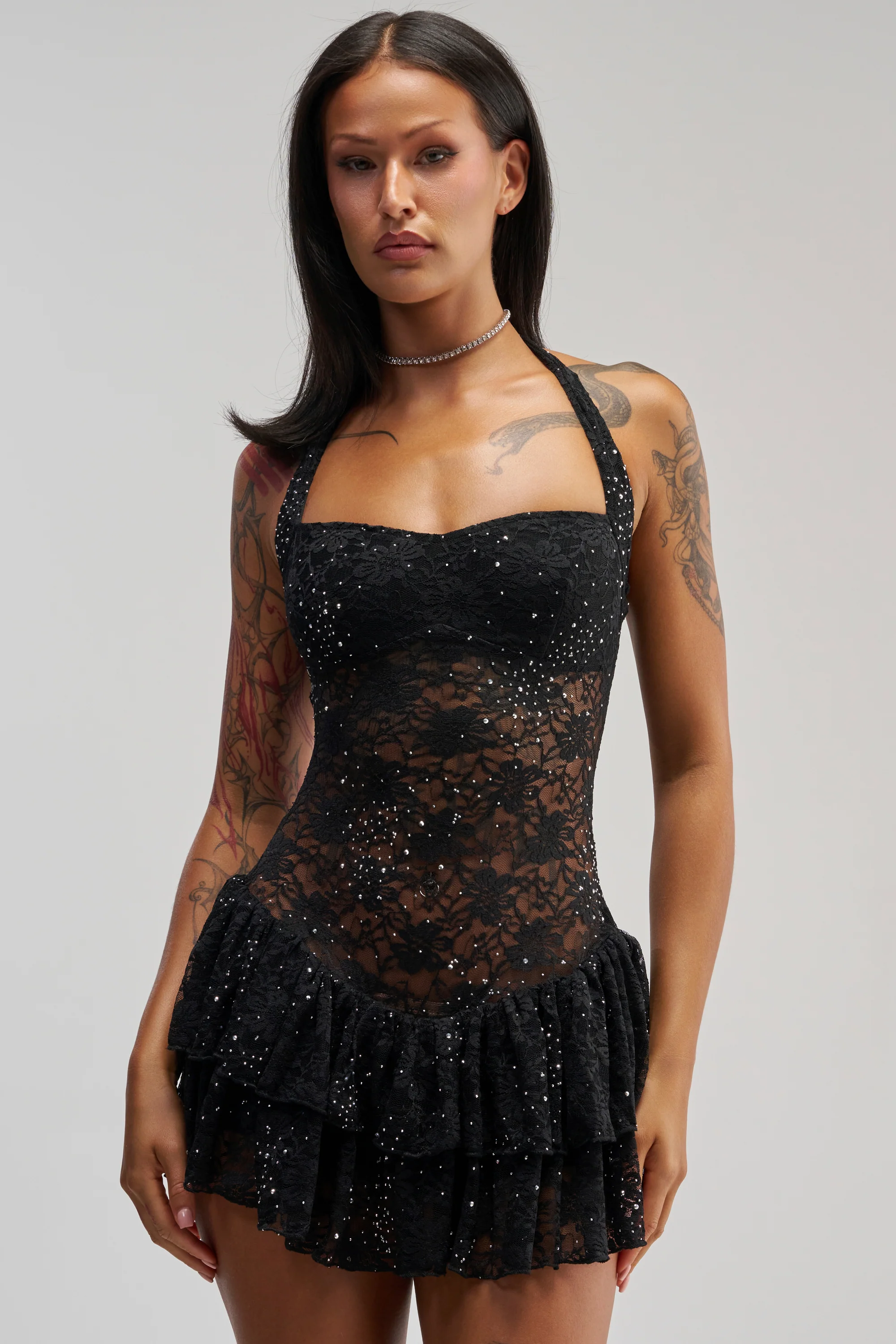 SEE RIGHT THROUGH ME LACE MINI DRESS IN BLACK - Akira Store