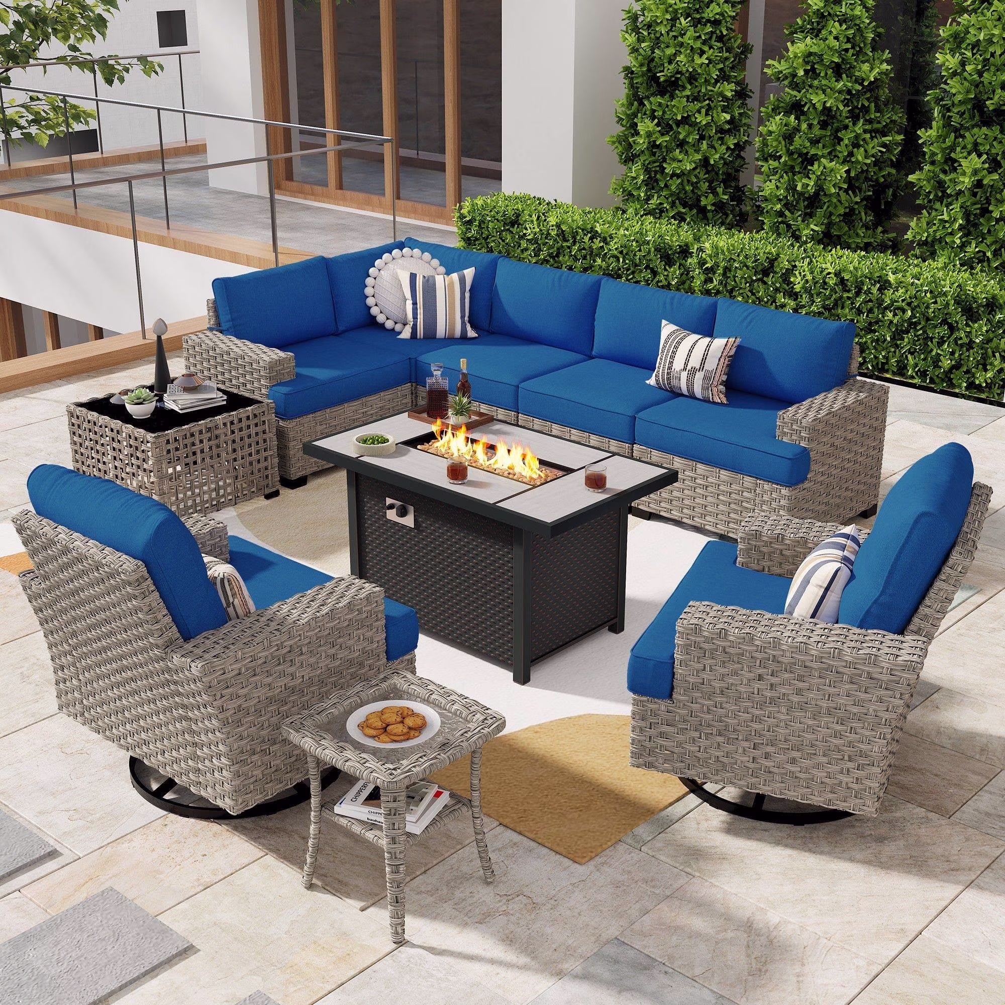 10 Pieces Outdoor Patio Furniture Modern High-Back All-Weather Wicker Sectional Conversation Set with Propane Fire Pit Table Swivel Chair, Dark Gray(Dark Gray) - Image 7