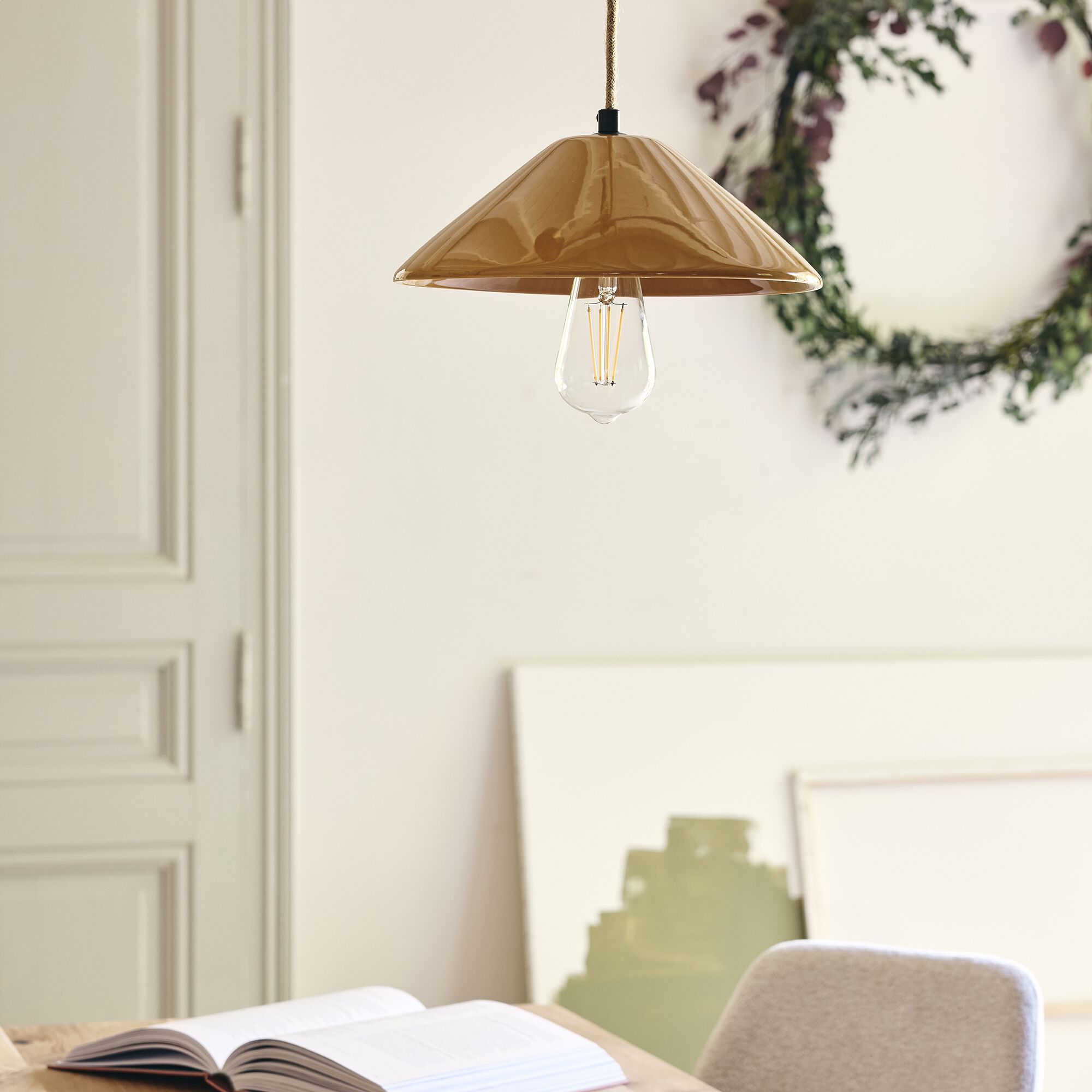 ZACARIO - Suspension électrifiée en porcelaine D27,5cm - jaune