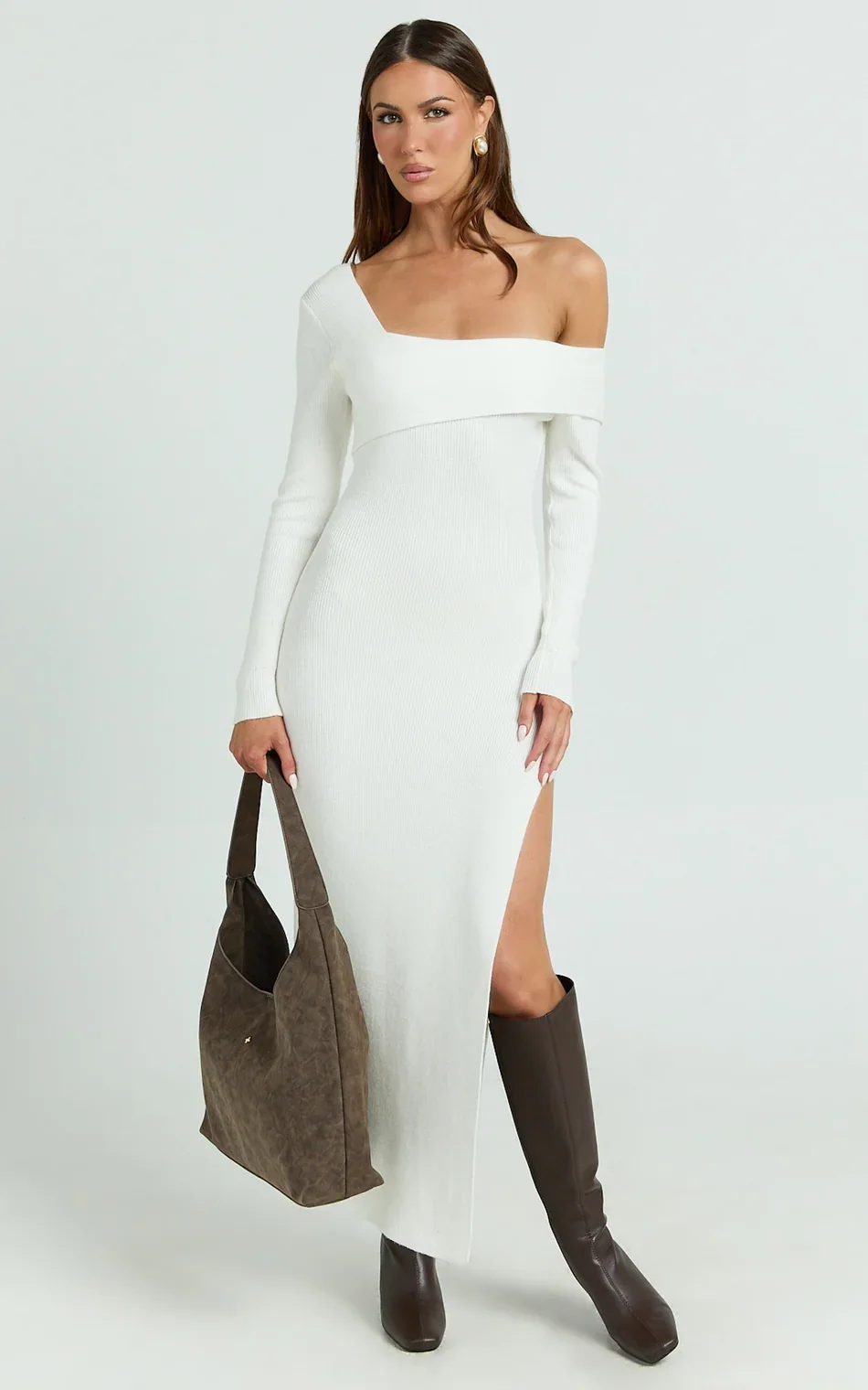 Gladys Maxi Dress - Asymmetric Shoulder Long Sleeve Knit Dress in Cream