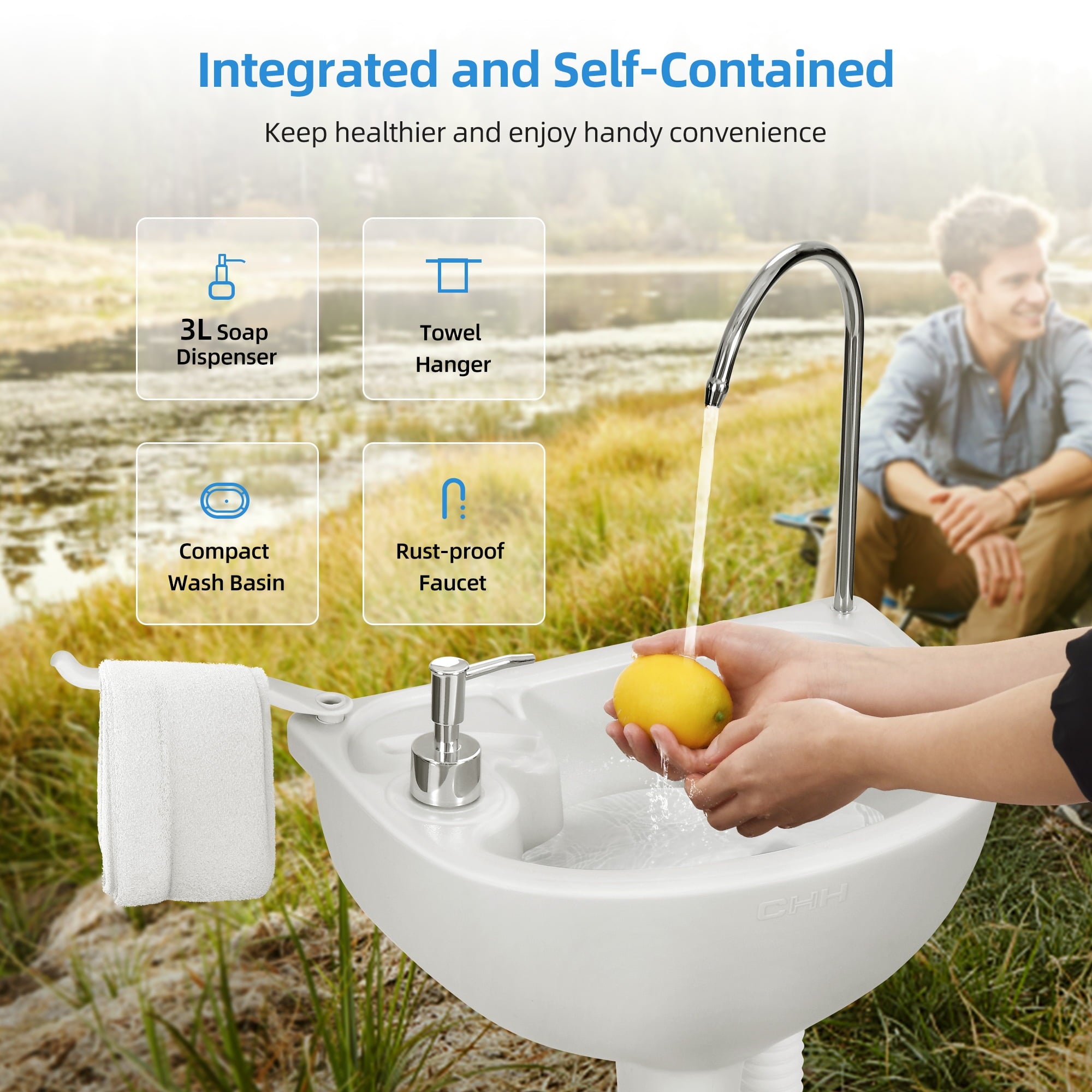 Portable Sink Camping Hand Washing Station with 17 L Wash Basin Stand. Rolling Wheels. Soap Dispenser. Towel Holder. for Outdoor. Travel. Boat. Gather. Garden. Worksite. White