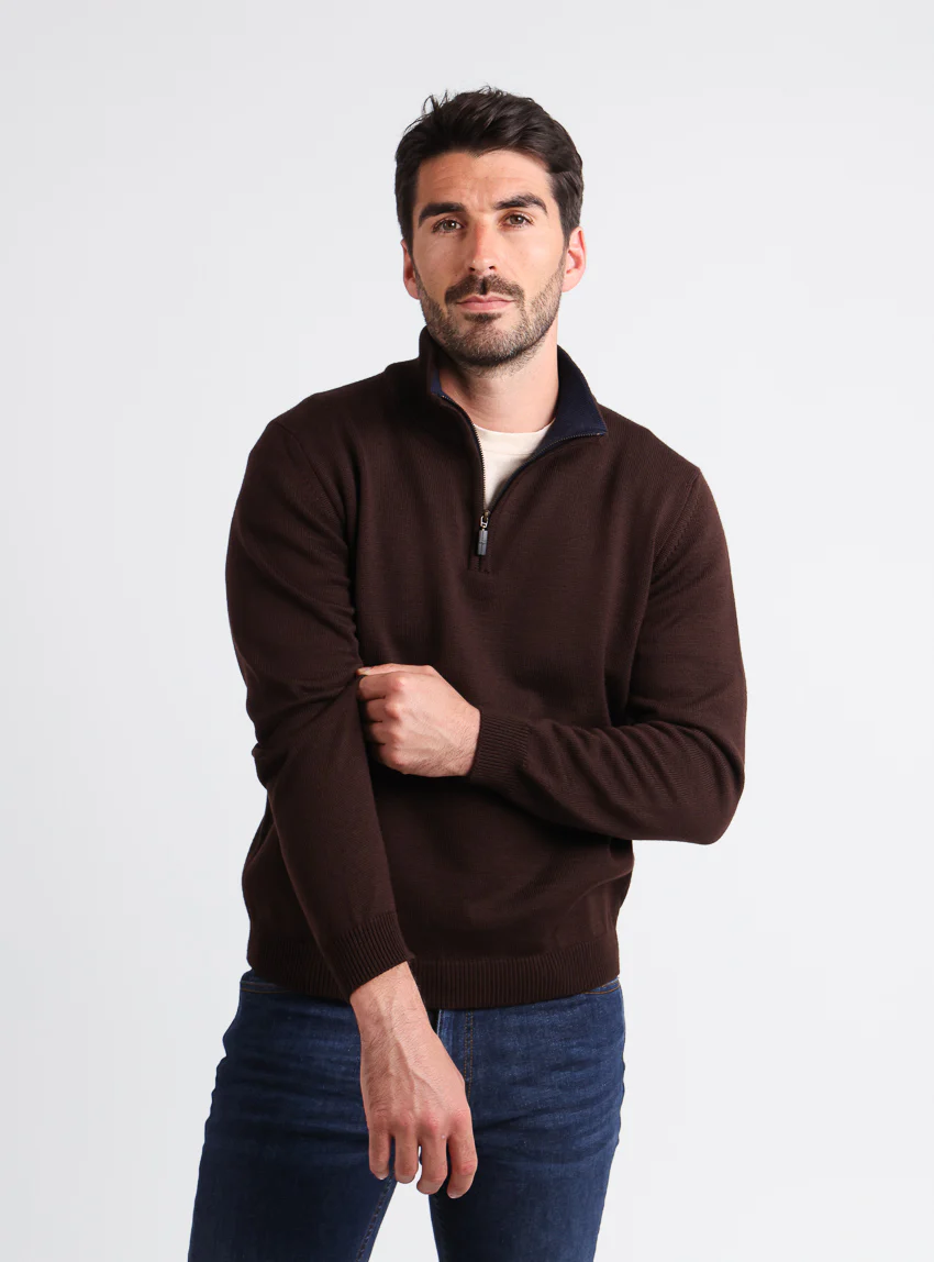 Pull homme col camionneur en laine marron