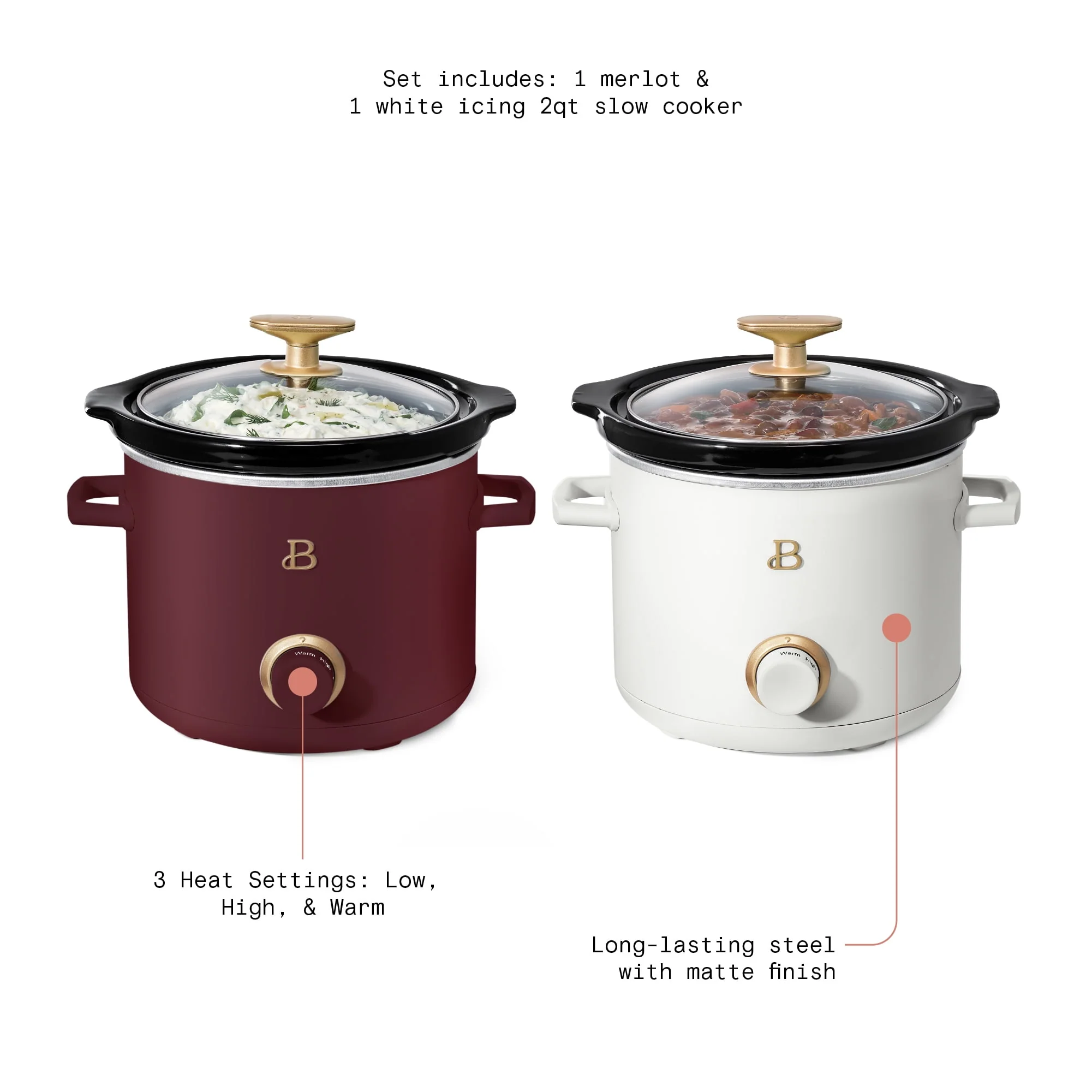 Beautiful 2 qt Slow Cooker Set, 2 Pack, White Icing and Merlot by Drew Barrymore, 19340, 100 W Image 5